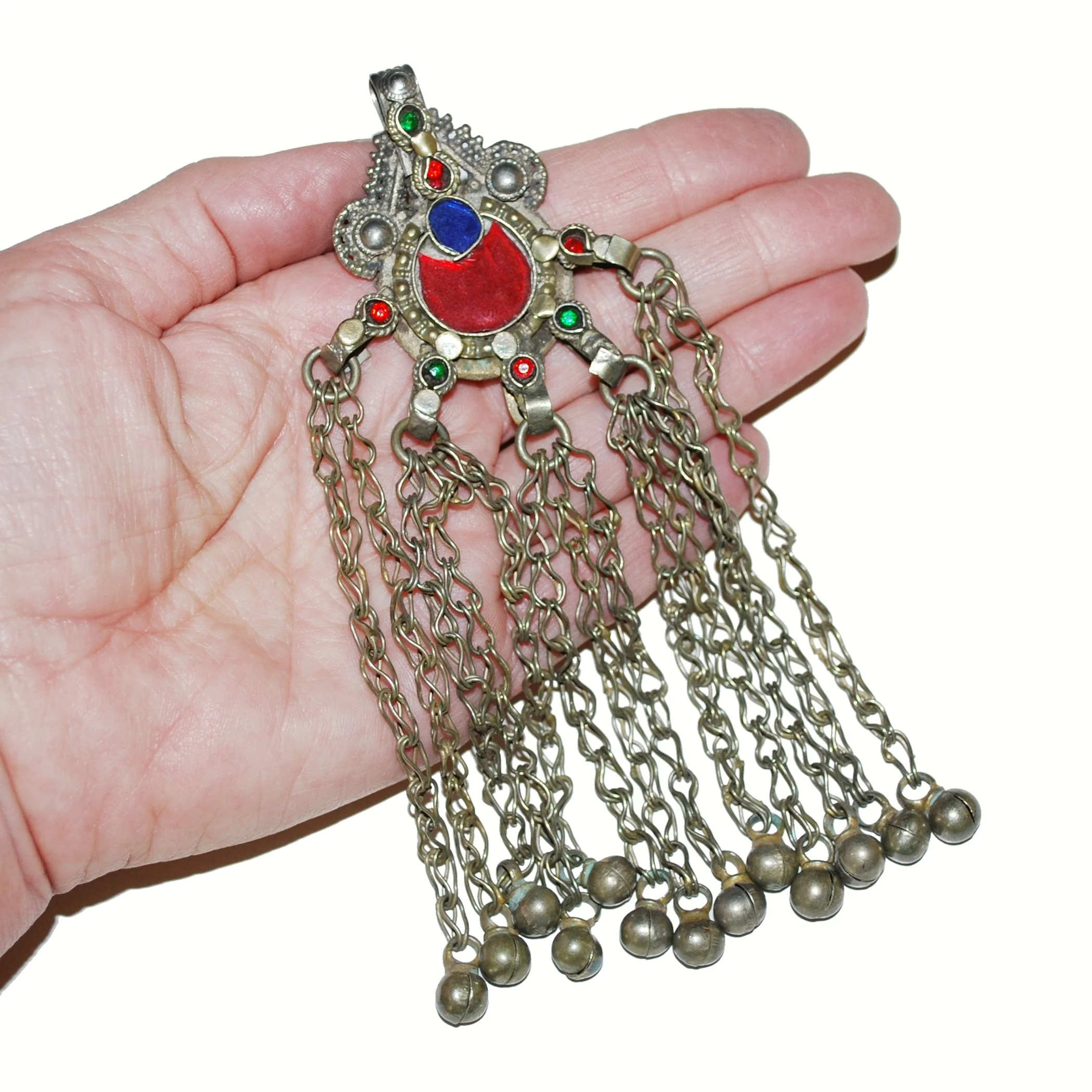 Amazing Kuchi Pendant - Vintage Tribal - Glass Jewels - Jingling Bell Dangles