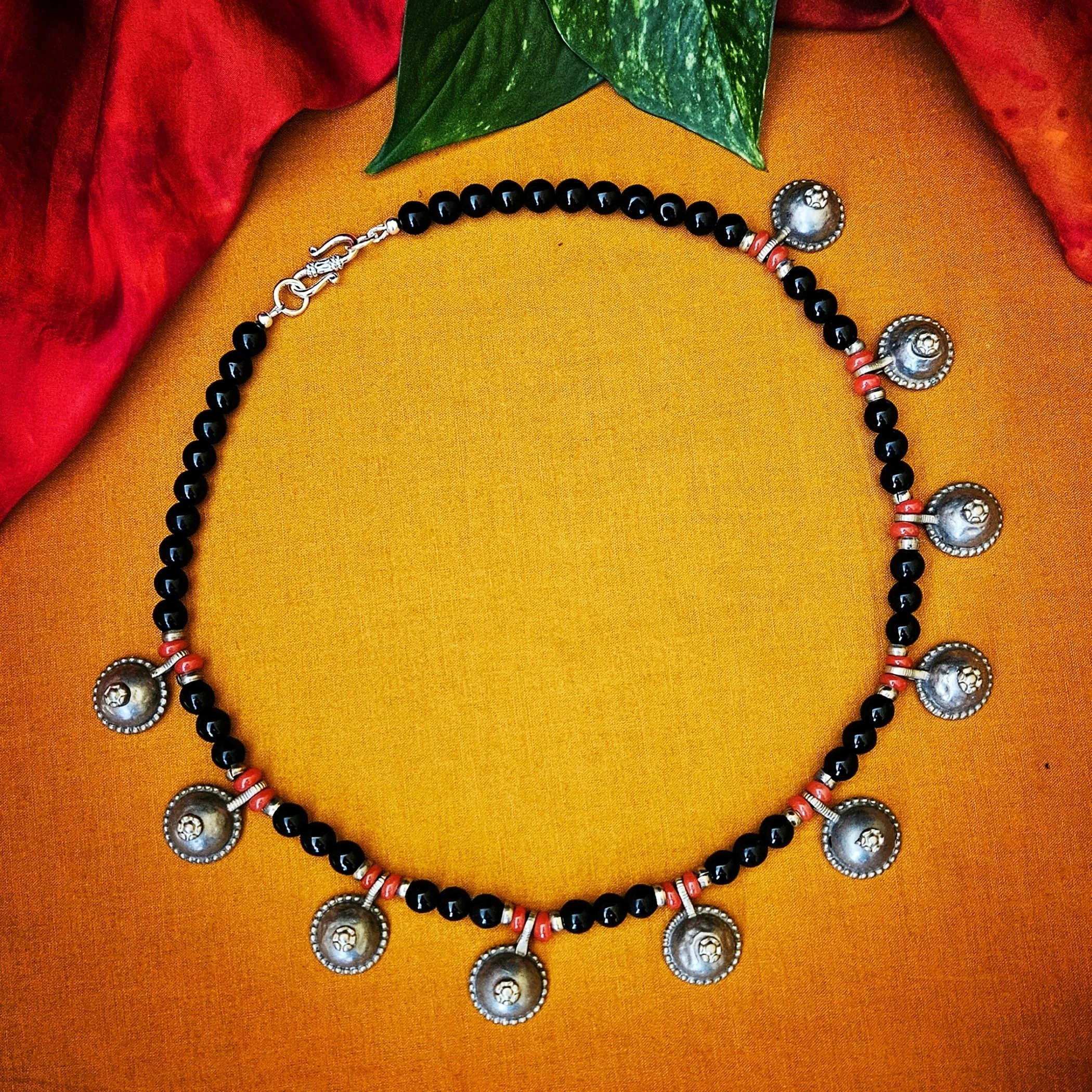 Glass Beaded Necklace - Black Red with Kuchi Charms - Red Camel Designs