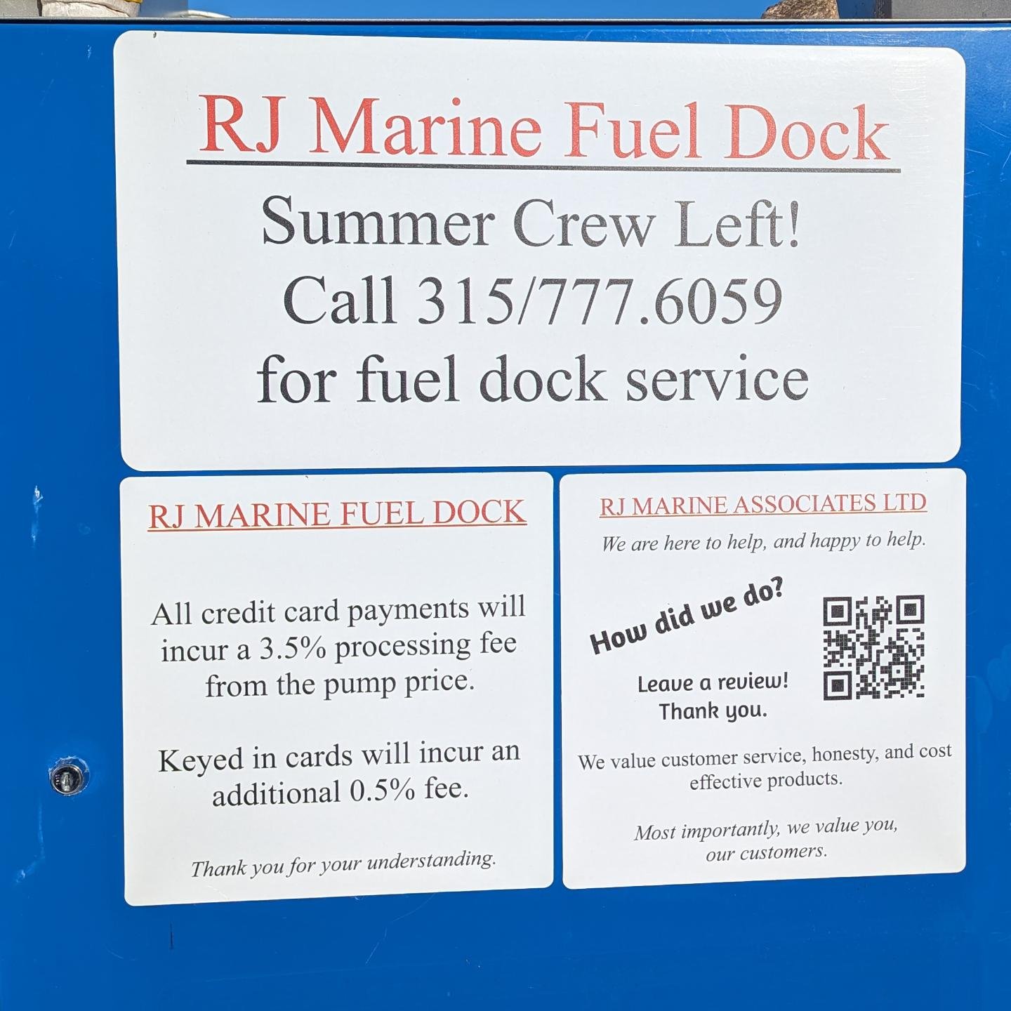 As we are gearing up for an awesome season at the RJM Fuel Dock, we wanted to announce some updates. 

1) All credit card payments will incur a 3.5% processing fee from the pump price. Keyed in cards will incur an additional 0.5% fee. We thank you, f