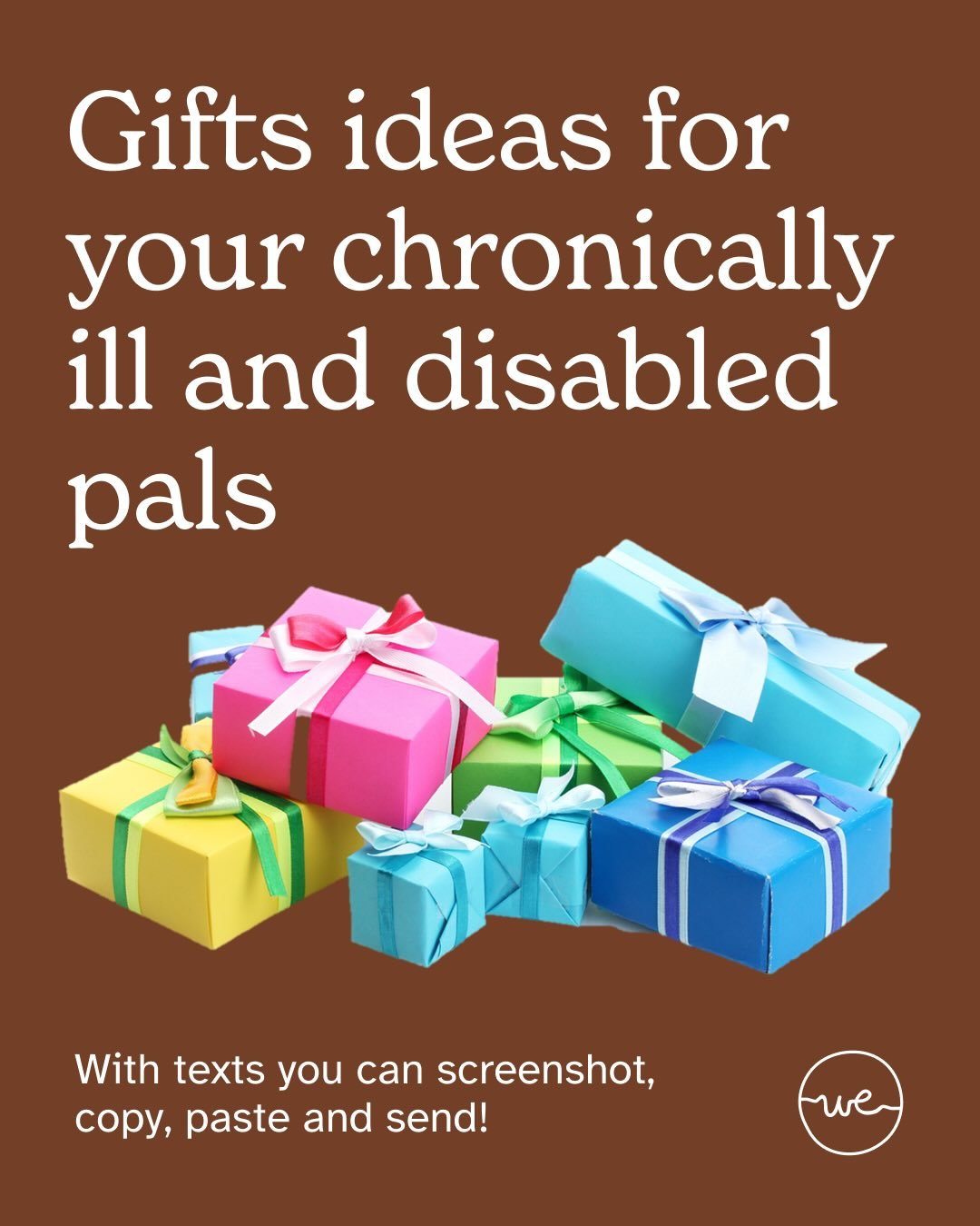 It&rsquo;s a big gifting season! If you&rsquo;re wondering what to get a disabled or chronically ill person in your life here&rsquo;s a whole list of ideas. If you screenshot the images you can copy and paste the text and use them as templates to sen