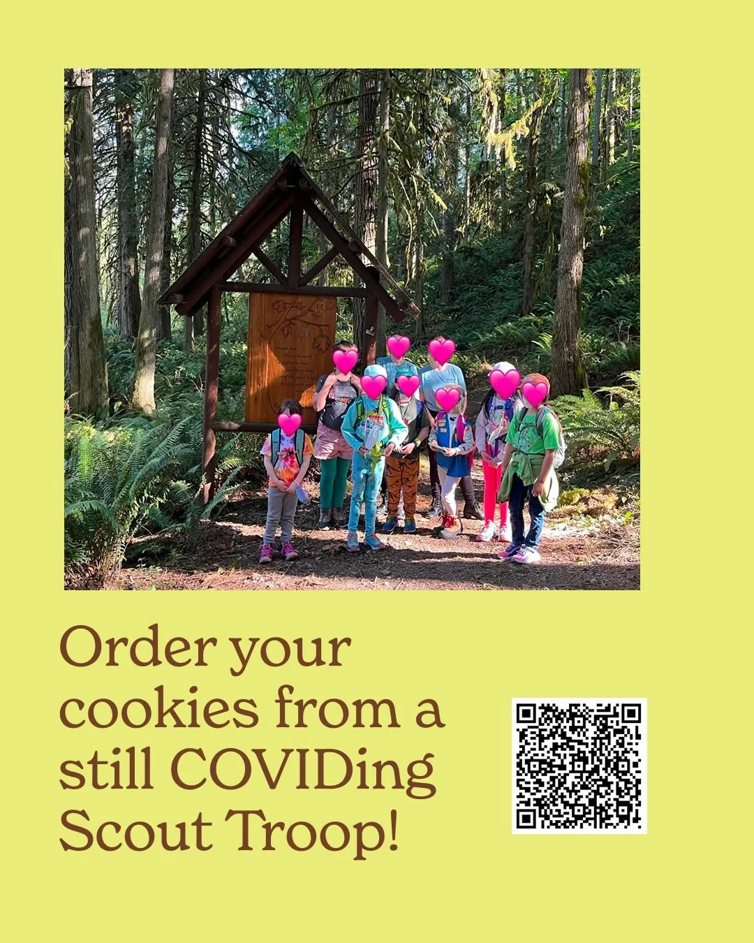 Our masking scout troop is selling cookies this year to keep having Covid-safer opportunities for youth to play, learn and grow together. Using the QR code, we will do scout delivery in the Seattle area and south Snohomish county, otherwise shipping 