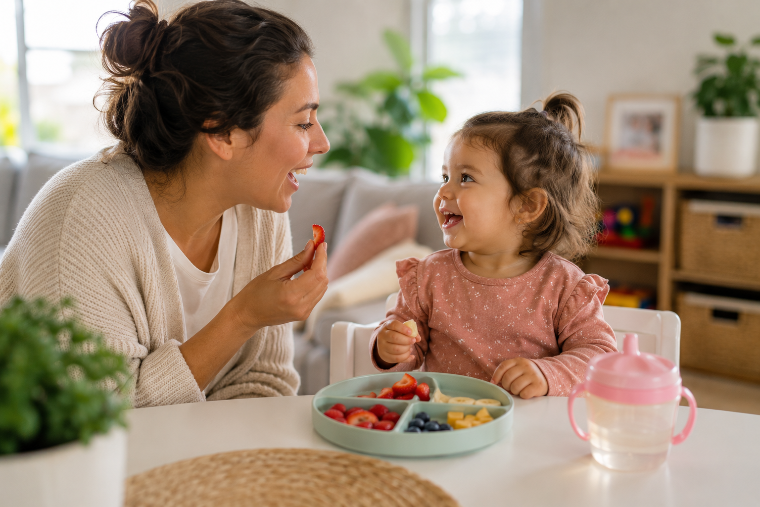 Parent and toddler interacting during mealtime to support early language development through everyday routines.