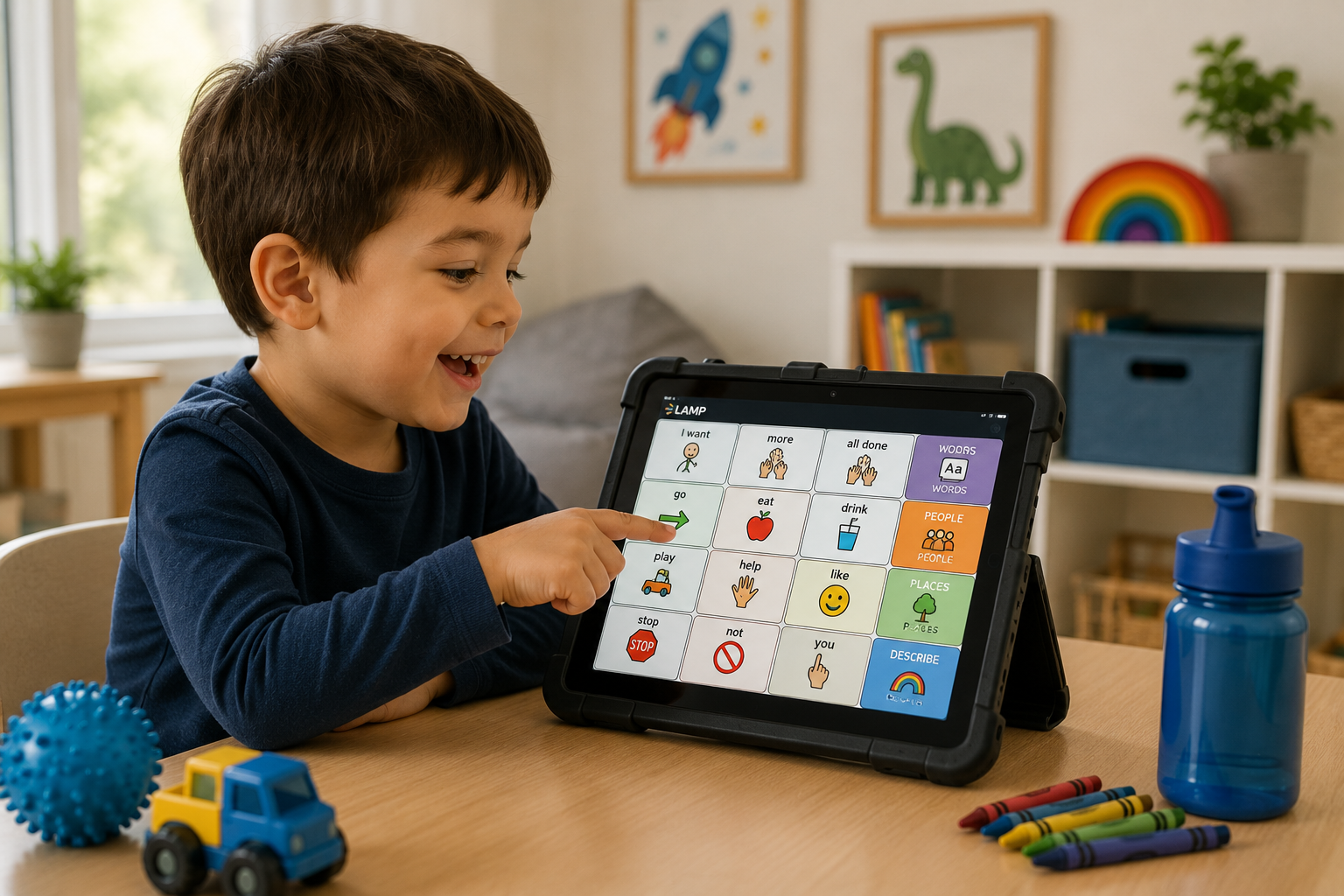 Child using AAC during speech therapy in Leander, Texas