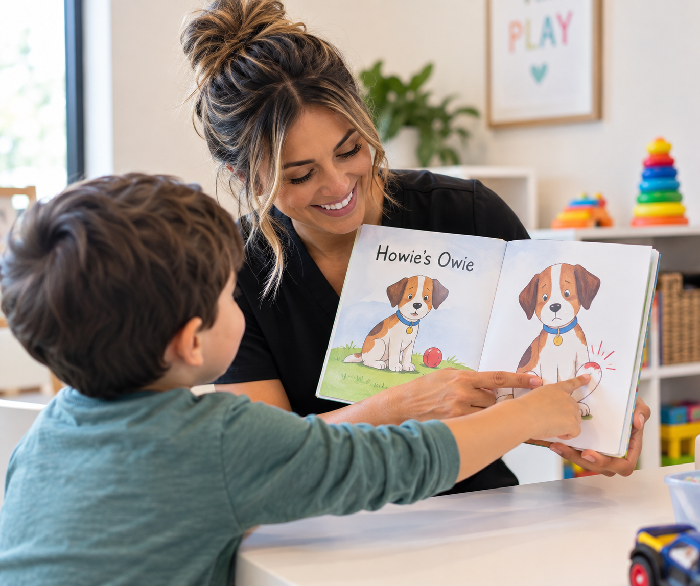 Speech therapist providing child-led speech therapy to a child in Leander, TX.
