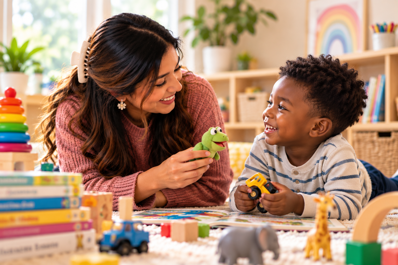 seo alt txt for image Pediatric speech therapist building trust and connection with a young child through play-based speech therapy, representing Speechie Auntie’s approach in Leander, TX.