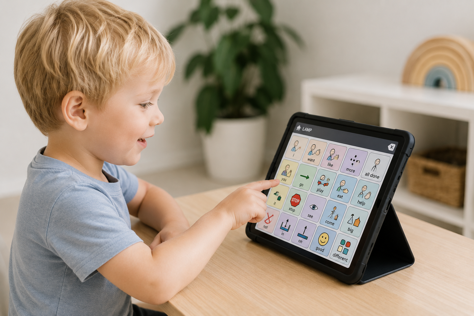 Pediatric AAC user communicating with a LAMP speech-generating device during speech therapy in Leander, Texas.