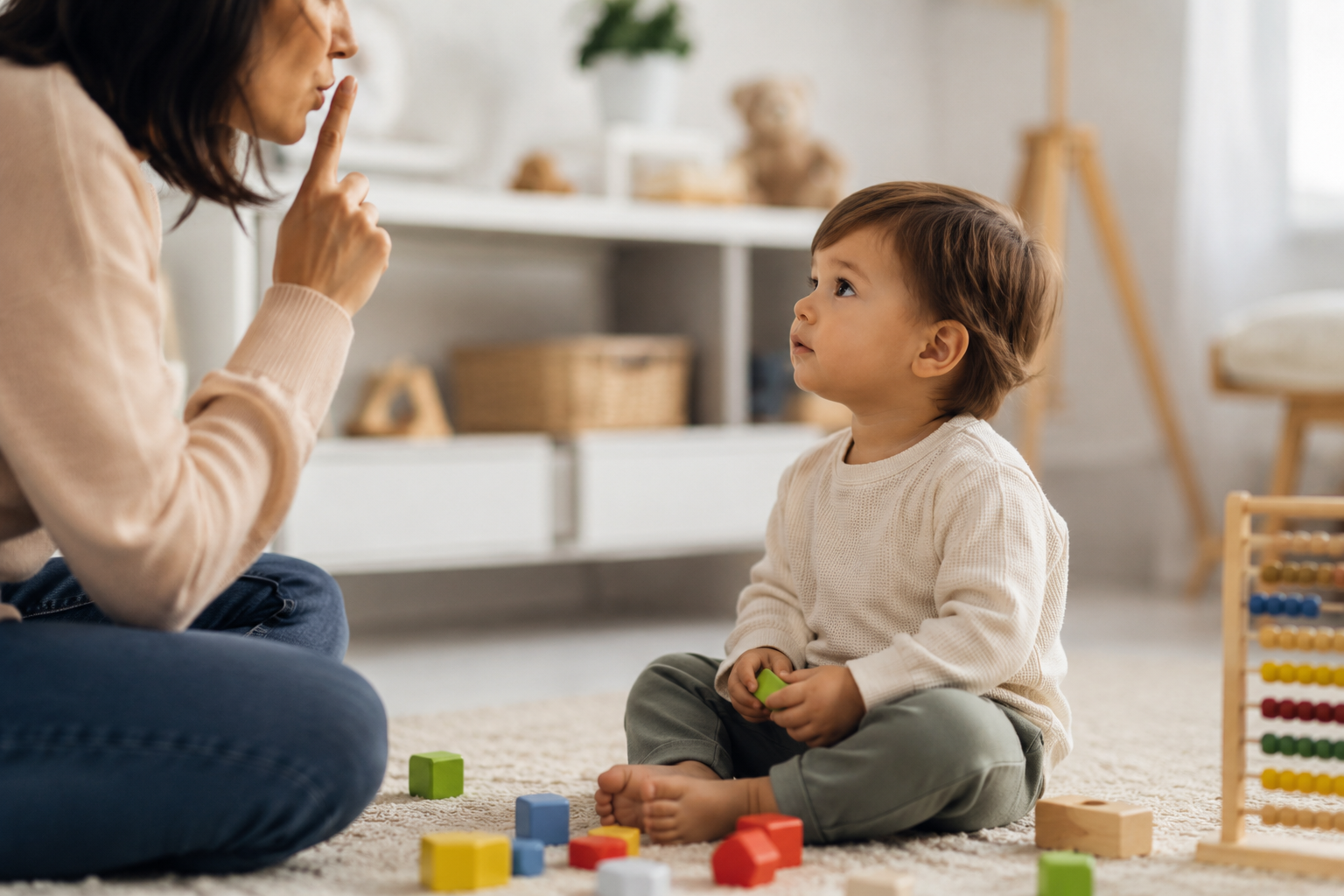 Toddler sitting on a playroom floor with toys while listening to an adult, illustrating expressive language delay in a child who understands language but is not yet talking.