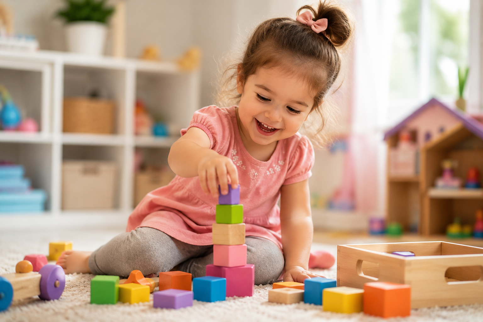 Young girl playing with blocks while developing communication, language, and social skills through play.
