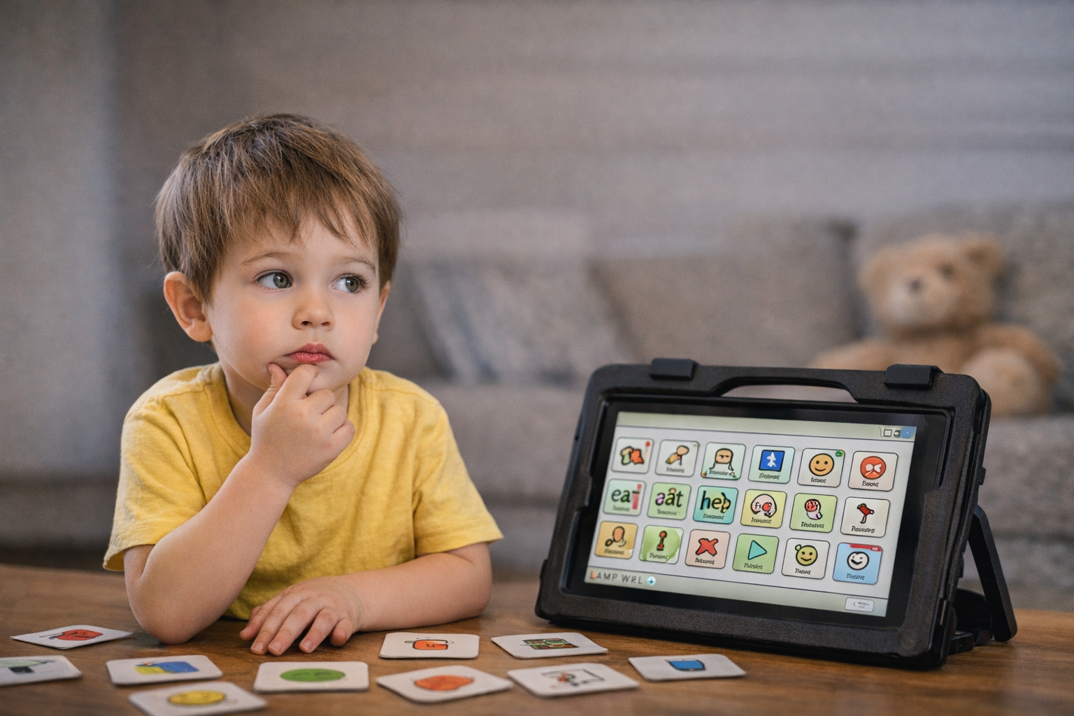 Toddler using an AAC communication device with LAMP words for life during speech therapy.
