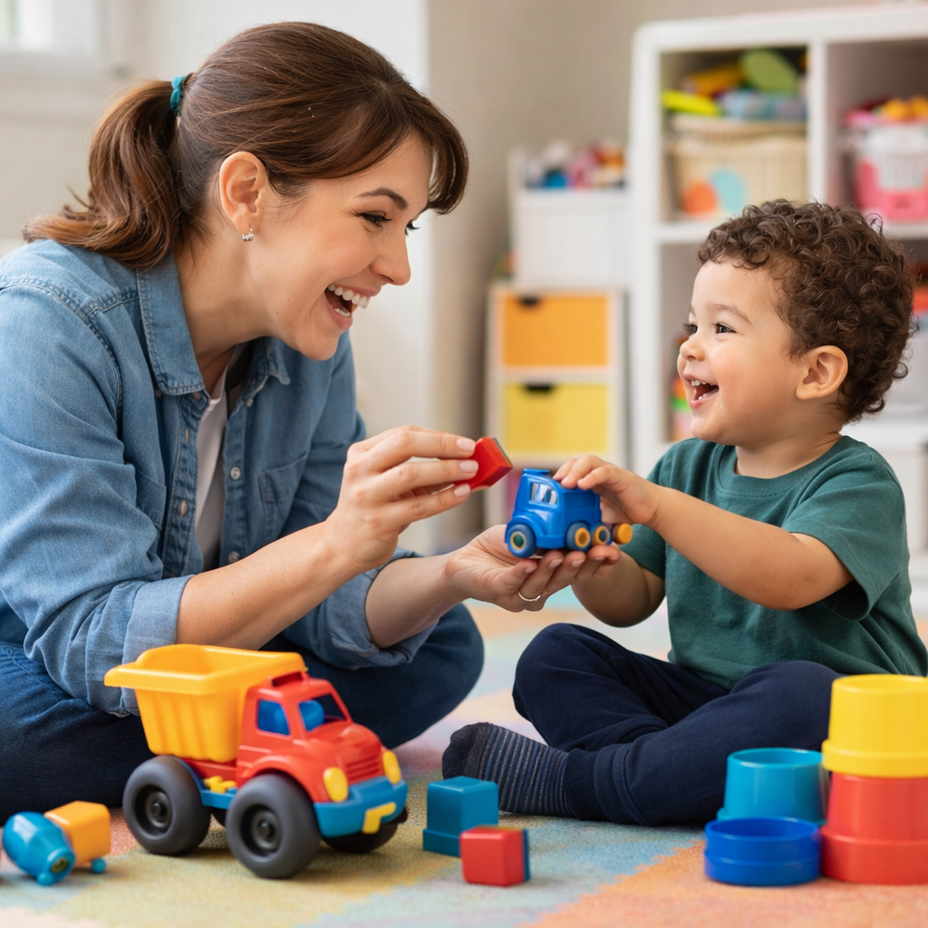 Play-based speech therapy session with a toddler and speech-language pathologist supporting communication development in Leander, Texas.