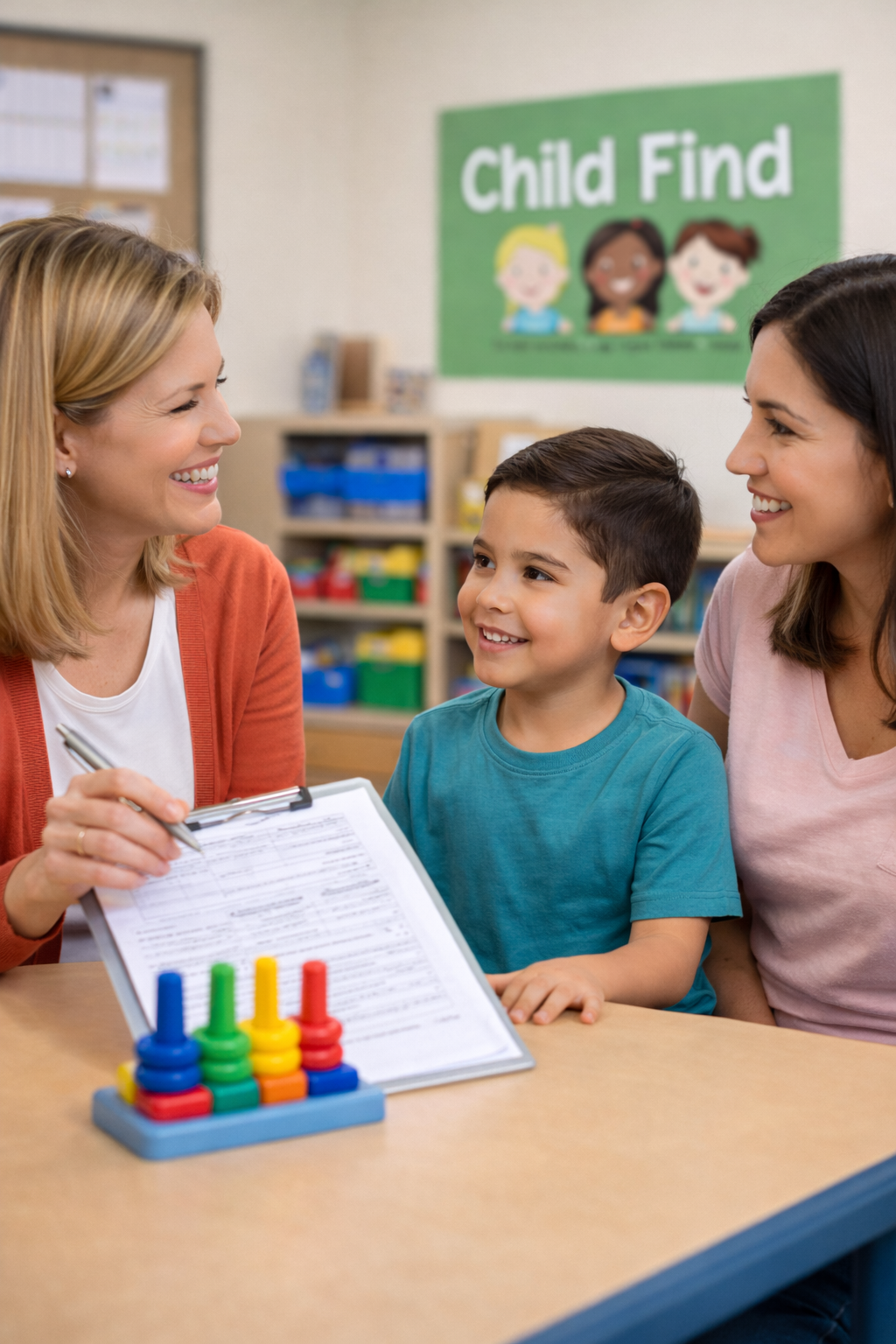 Speech therapist meeting with a parent and preschool child during a Child Find school speech evaluation