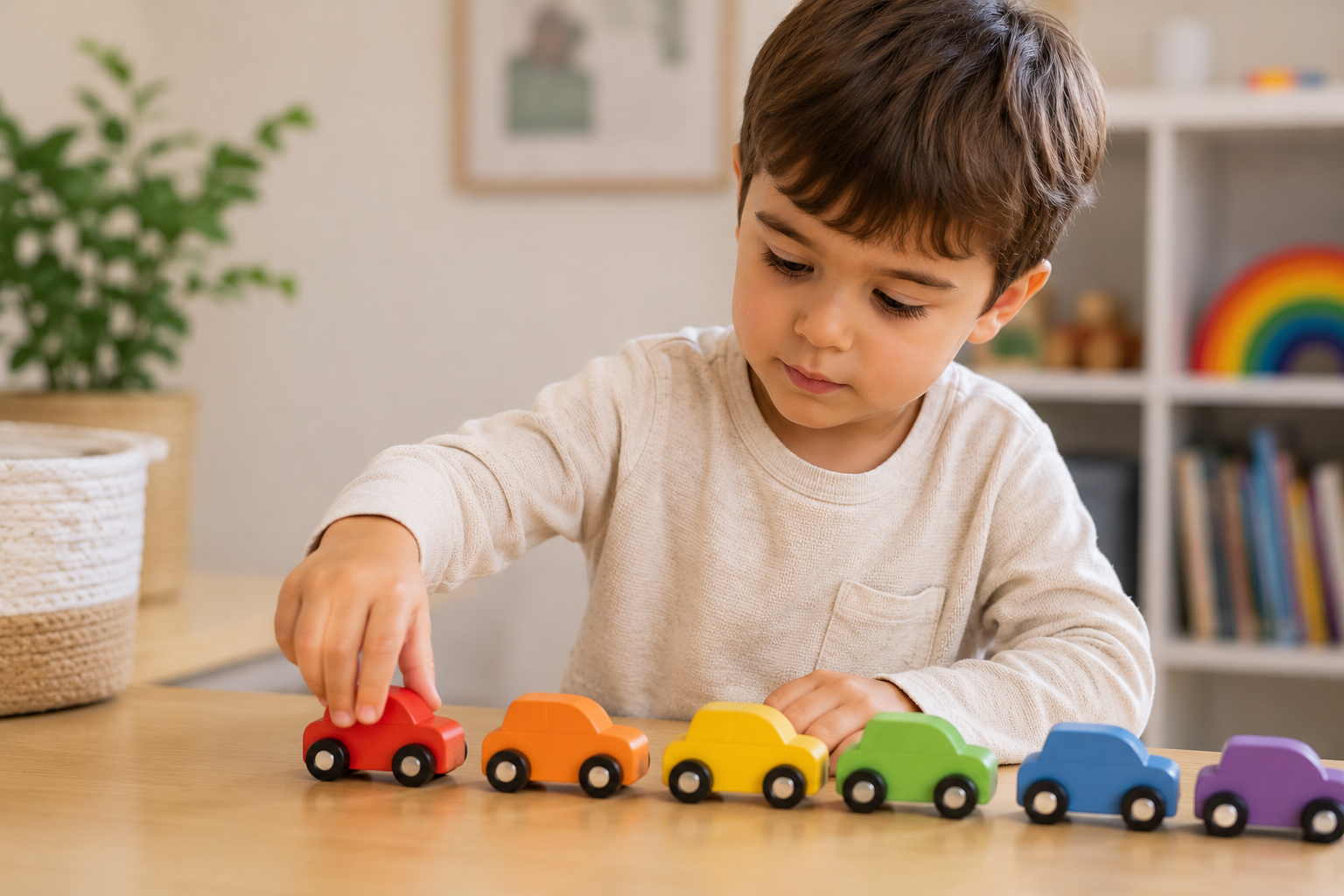 Young child lining up toy cars during play while learning and exploring in a home environment in Leander, Texas.