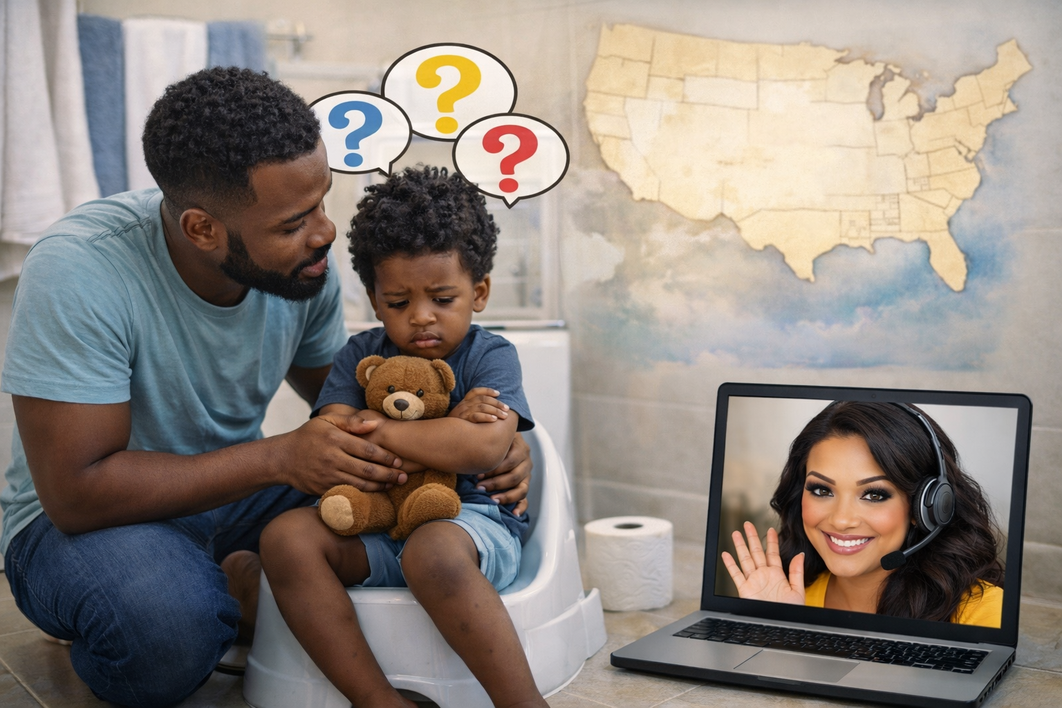 Virtual potty training parent coaching session supporting a toddler struggling with toilet training while caregiver receives guidance online.