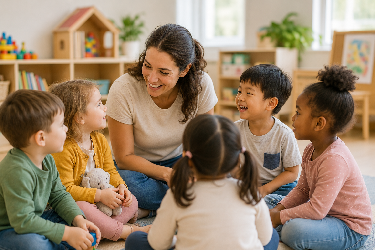 Preschool teacher engaging young children in a group language activity that supports speech and language development.