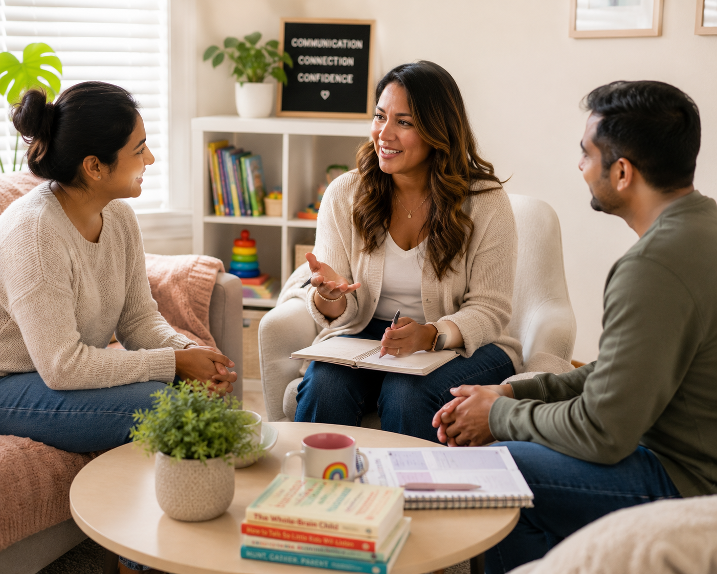 Speech-language pathologist coaching parents during a family-centered pediatric speech therapy session, teaching communication strategies to support a child with speech and language development in Leander, Texas.