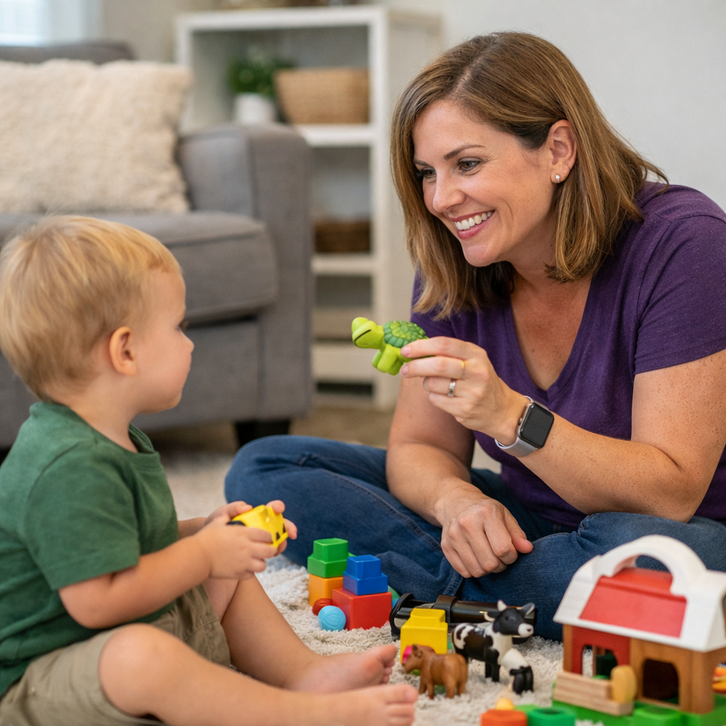 Pediatric speech therapist conducting a functional speech and language evaluation with a toddler in Leander, Texas