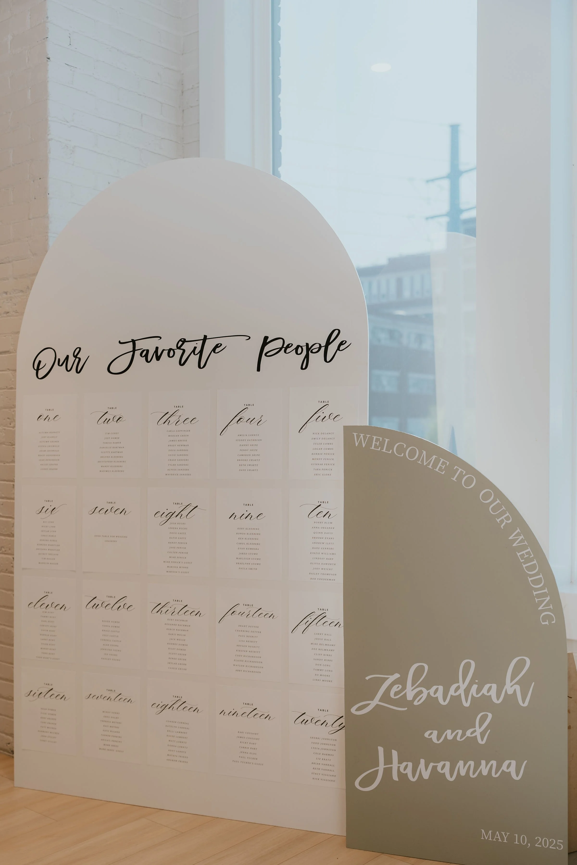 Wedding seating chart display with the title 'Our Favorite People' and the names 'Zebadiah and Havana' along with the wedding date, May 10, 2025.