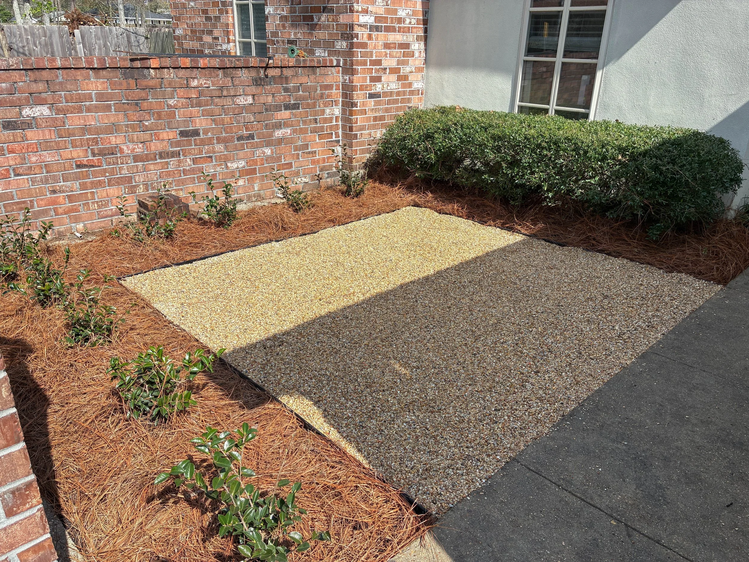 inside of a brick wall encloser in front of the house. camellias and bushes around the edges with a tan pea gravel square area in the middle