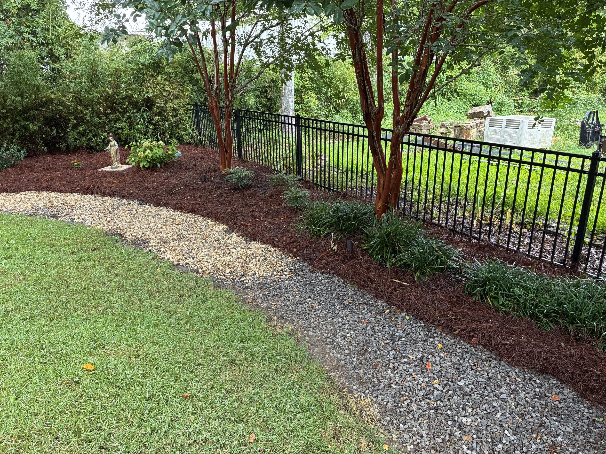 fence line with bamboo and bushes