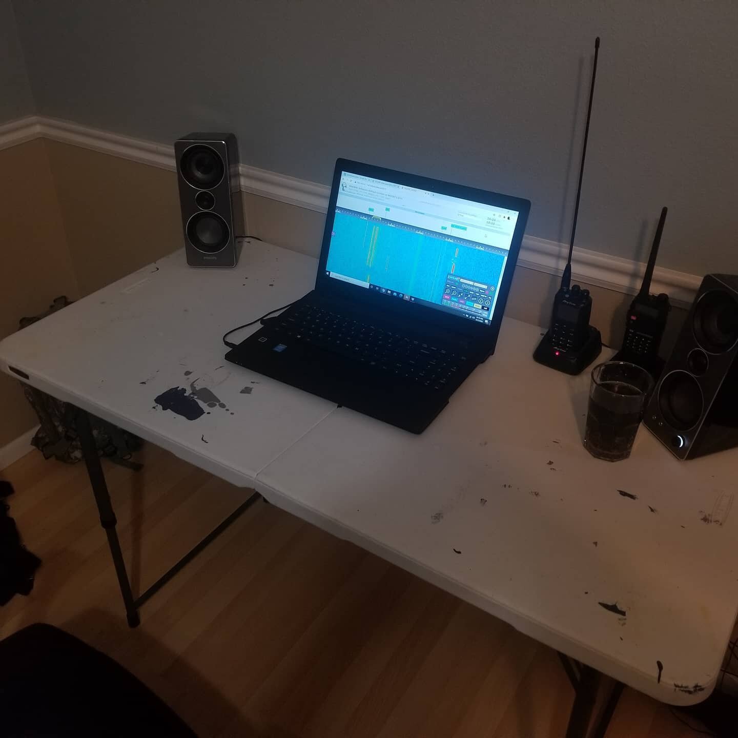 My make-shift ham shack! Both radios and my laptop running KiwiSDR. All on top of a multi purpose table in my bedroom! 

Doesn't get much better then this!

Well.. not yet anyway.