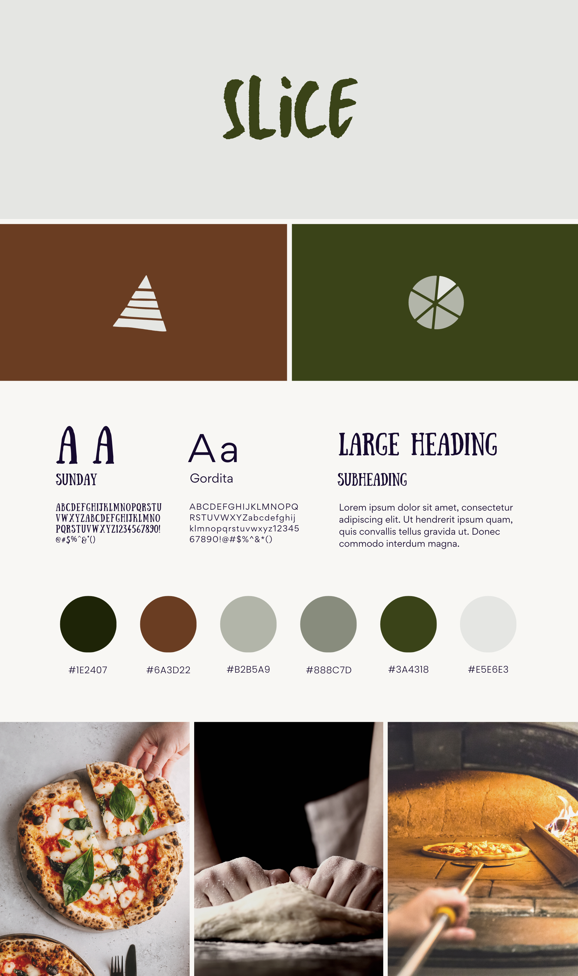 A branding kit for 'Slice' (a pizza restaurant) including logos, font system, colours and relevant stock images