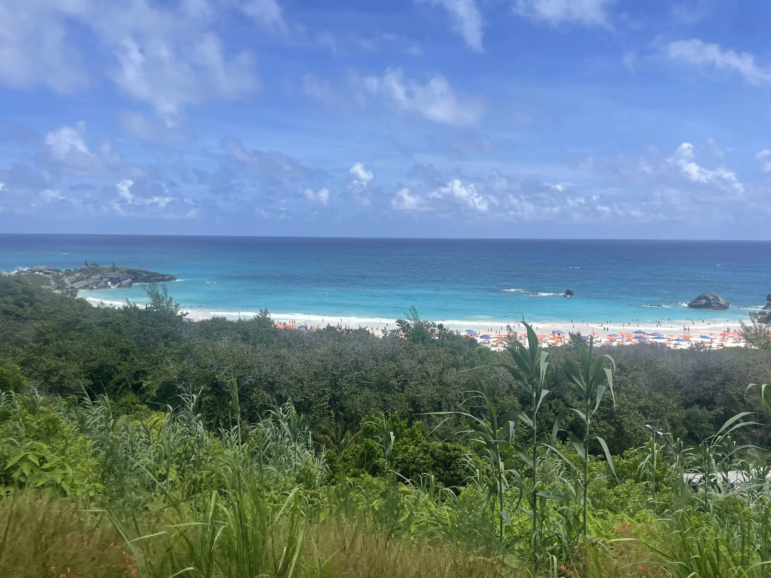 Scenic view of a beach with turquoise water, white sand, and colorful umbrellas, surrounded by green foliage and trees under a partly cloudy sky.