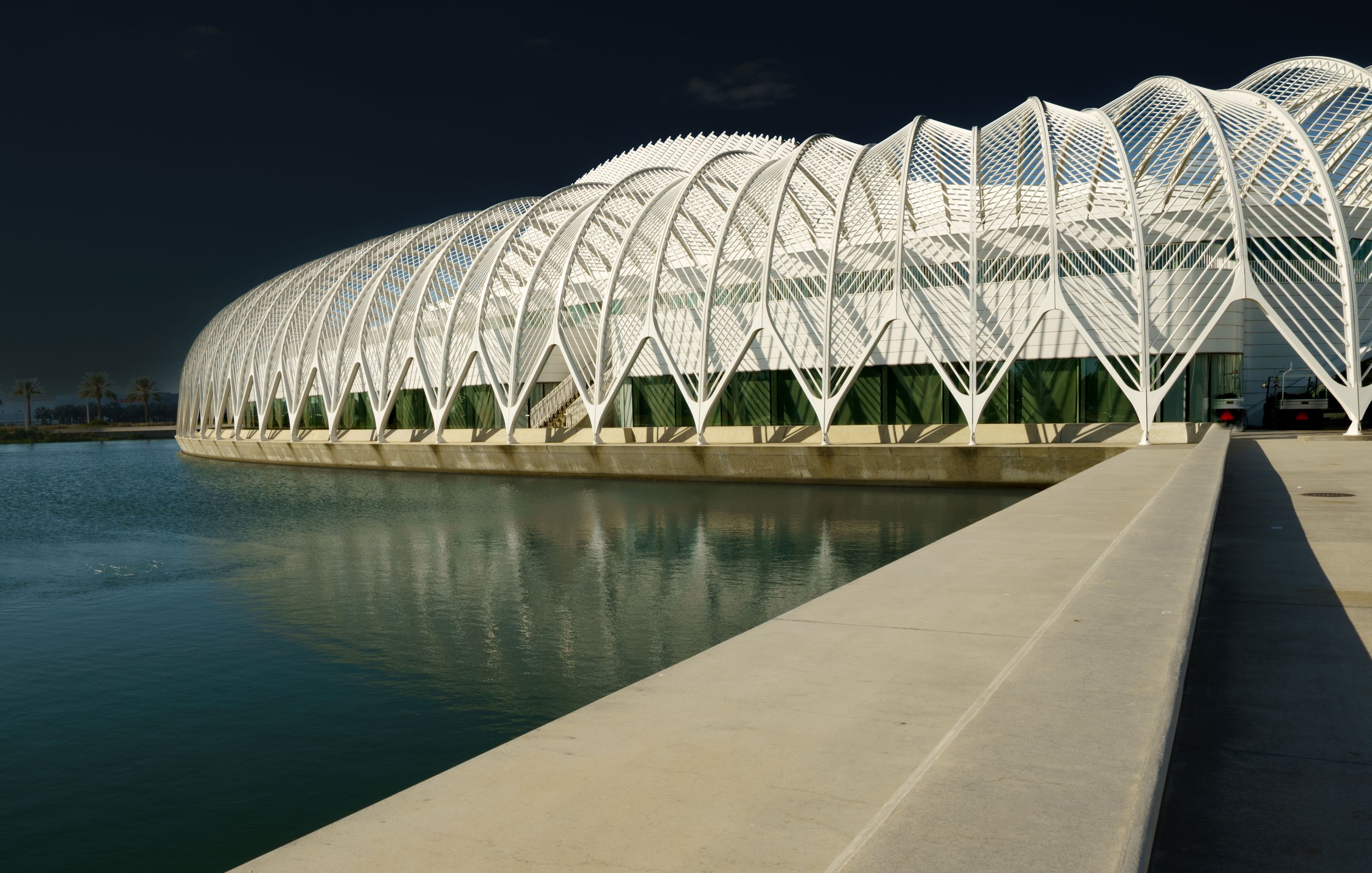 Modern white lattice-covered building beside a reflecting pool under a dark blue sky