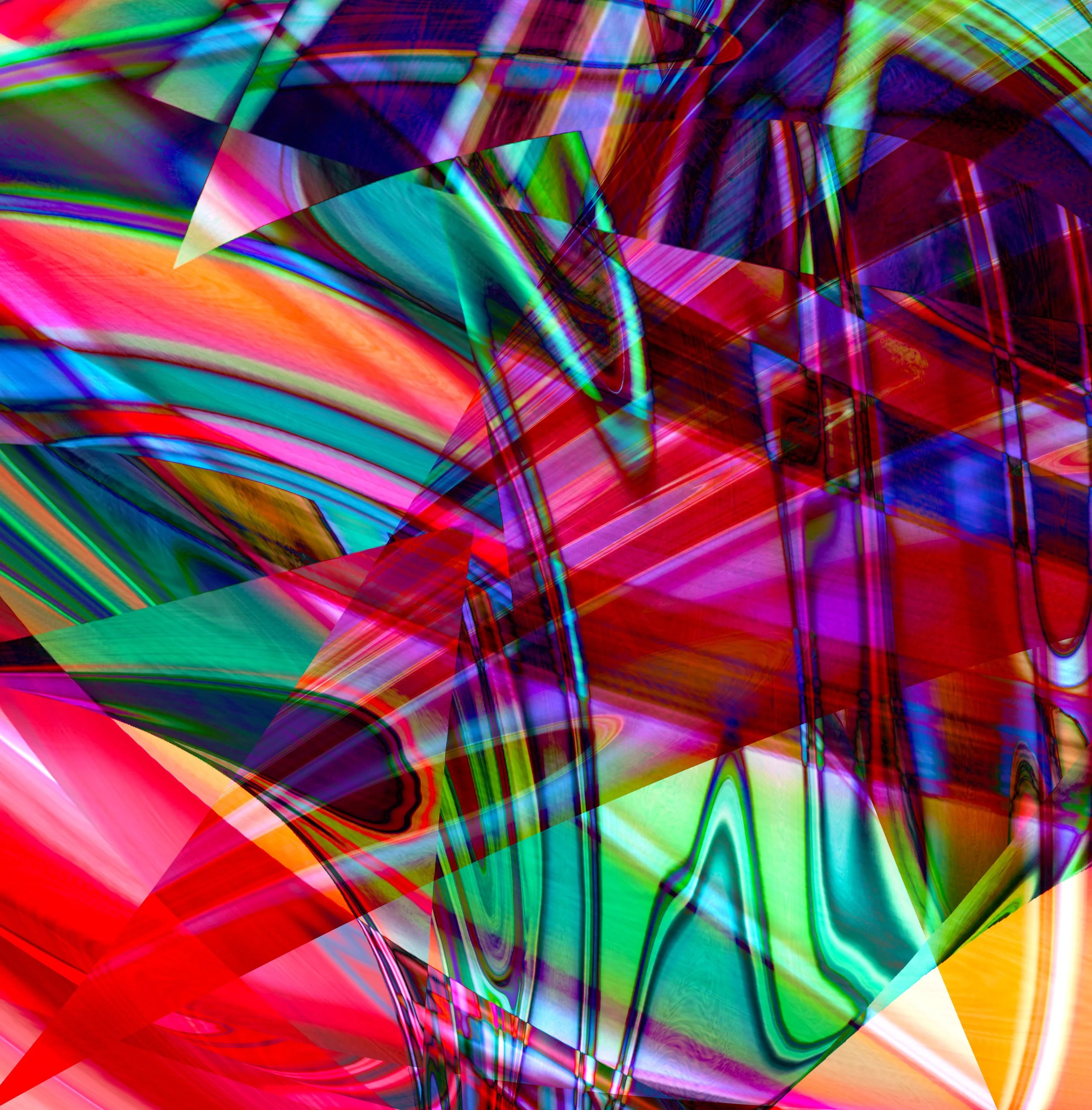 Vibrant abstract geometric artwork with overlapping translucent shapes and neon red, blue, green, purple, and orange streaks.