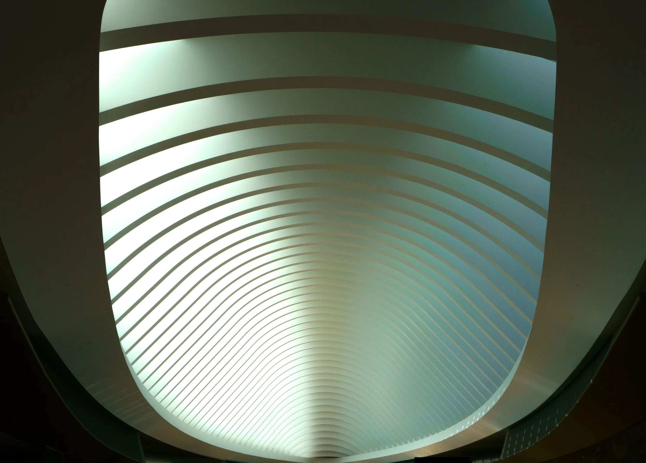 View looking up at a modern curved atrium ceiling with repeating white ribbed arches and teal ambient lighting