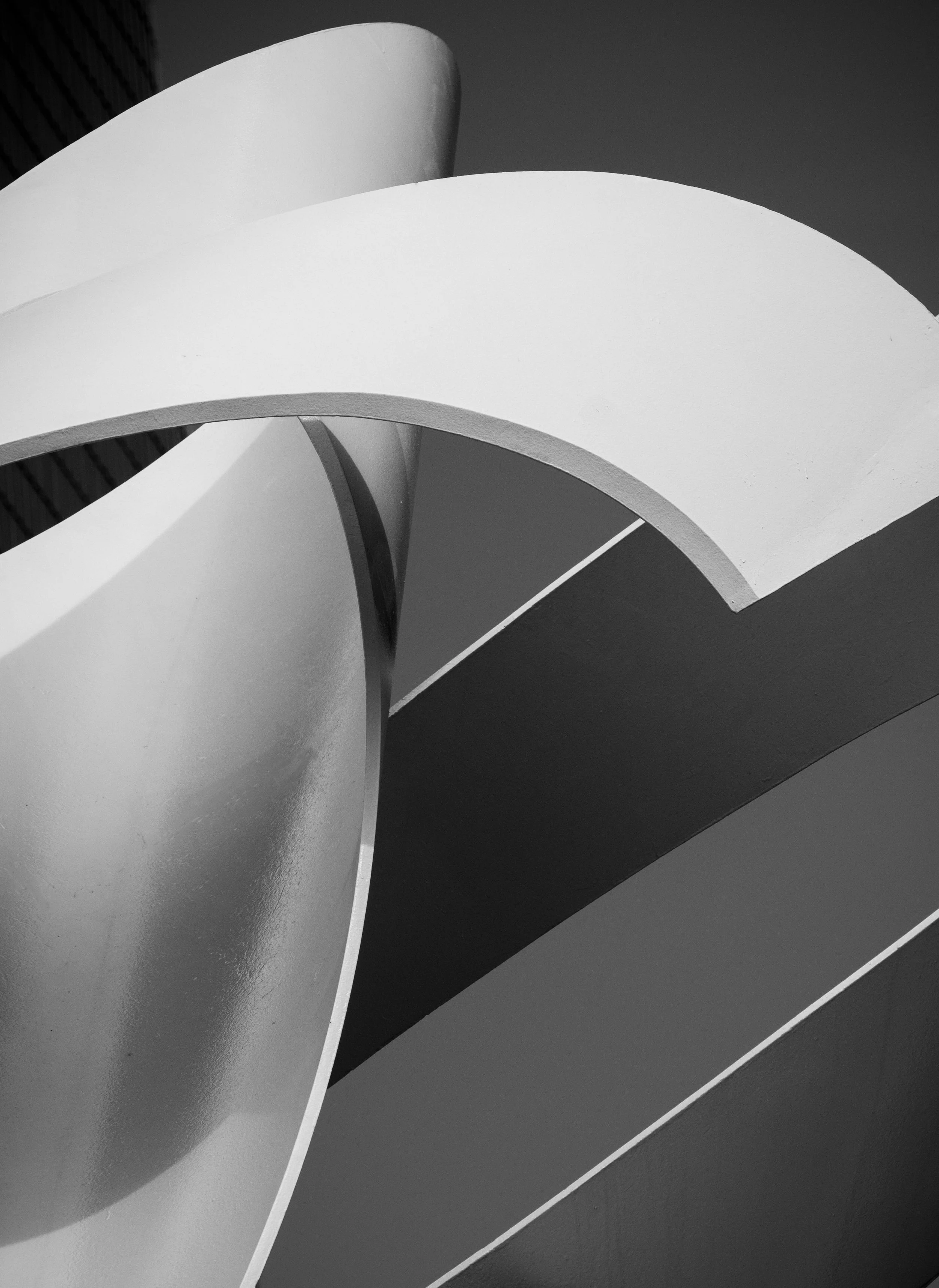 Black-and-white abstract close-up of overlapping curved architectural surfaces and geometric shadows