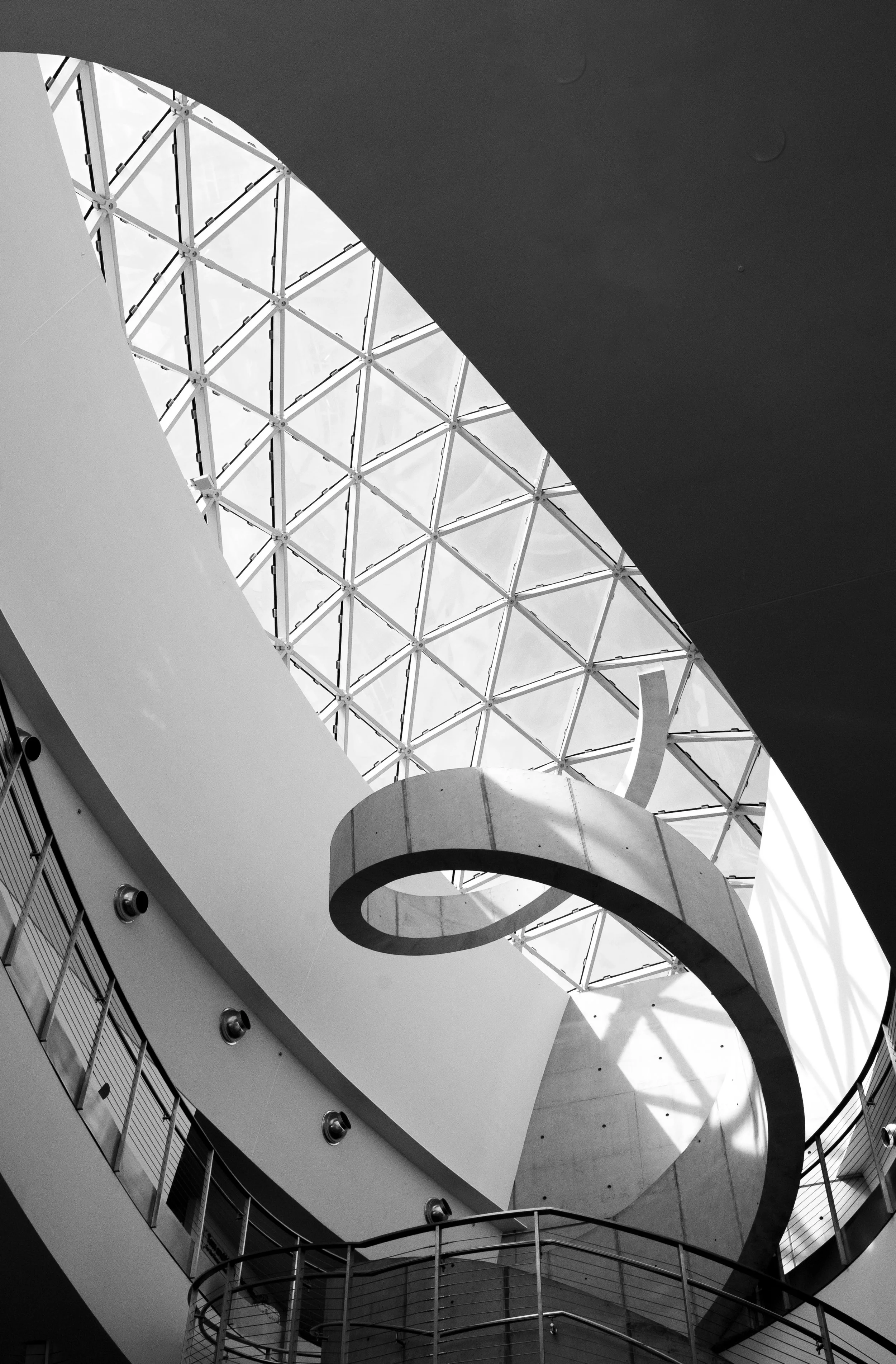 Black-and-white view of a modern atrium with a geometric glass roof, curved architectural structures, and metal railings
