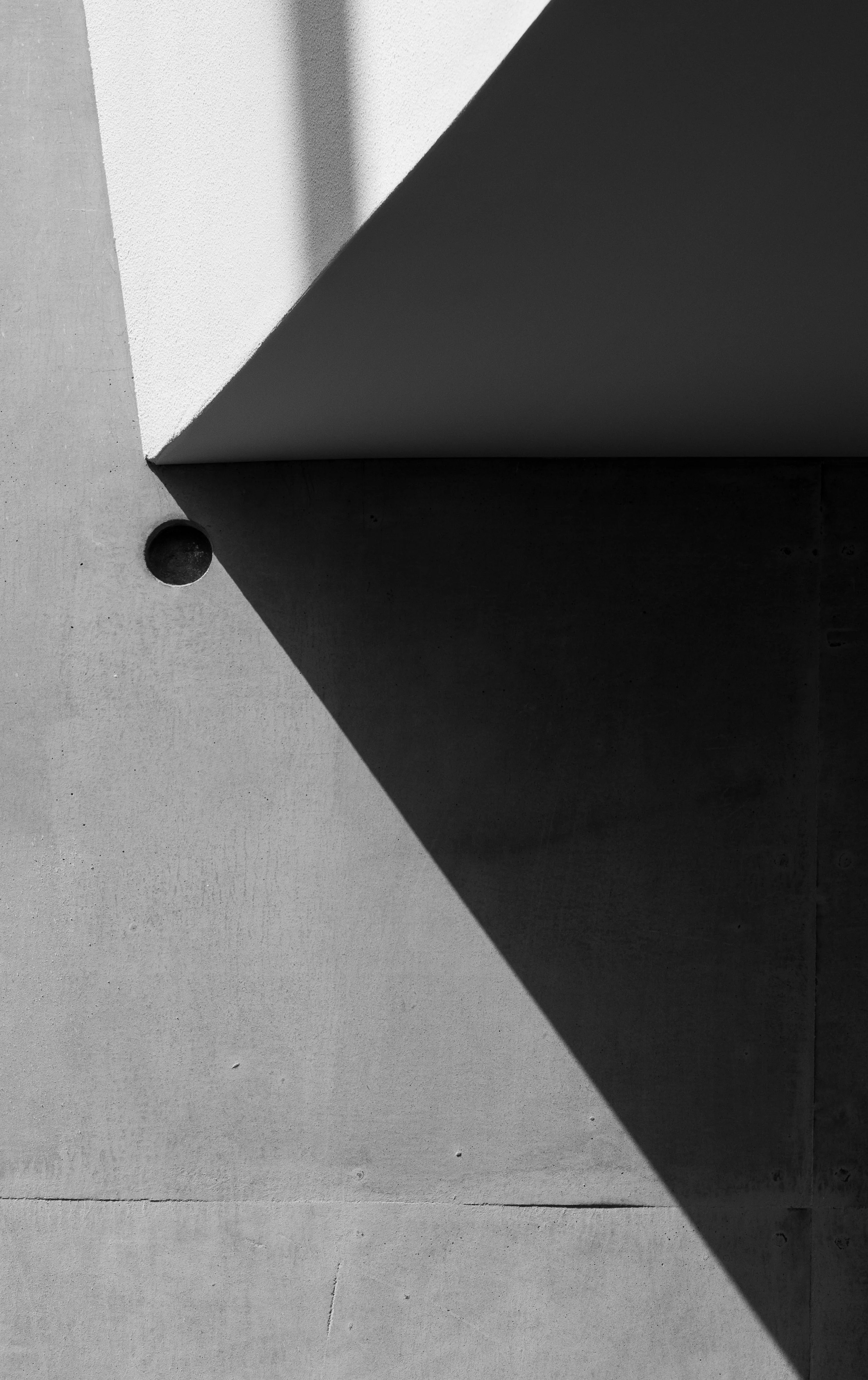 Black-and-white close-up of a curved architectural concrete structure casting a large shadow on a textured concrete wall.