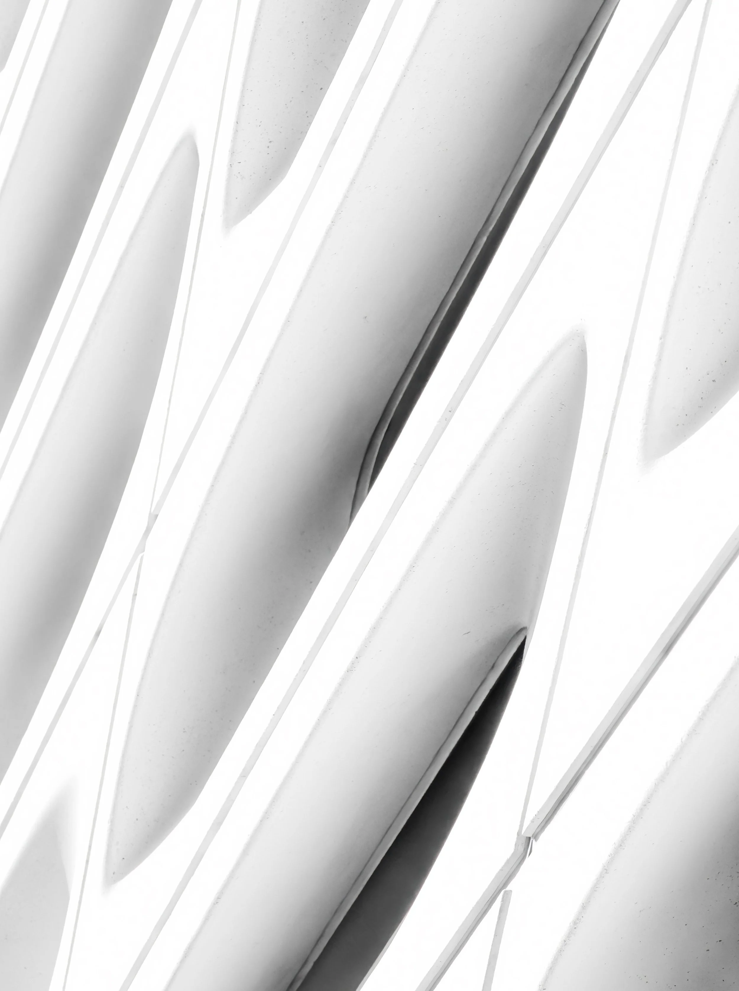 Abstract black-and-white close-up of overlapping curved architectural beams or structural panels.