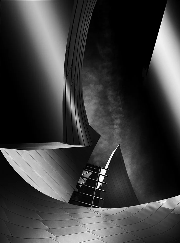 Black-and-white abstract photograph of curving modern architectural structures against a cloudy sky