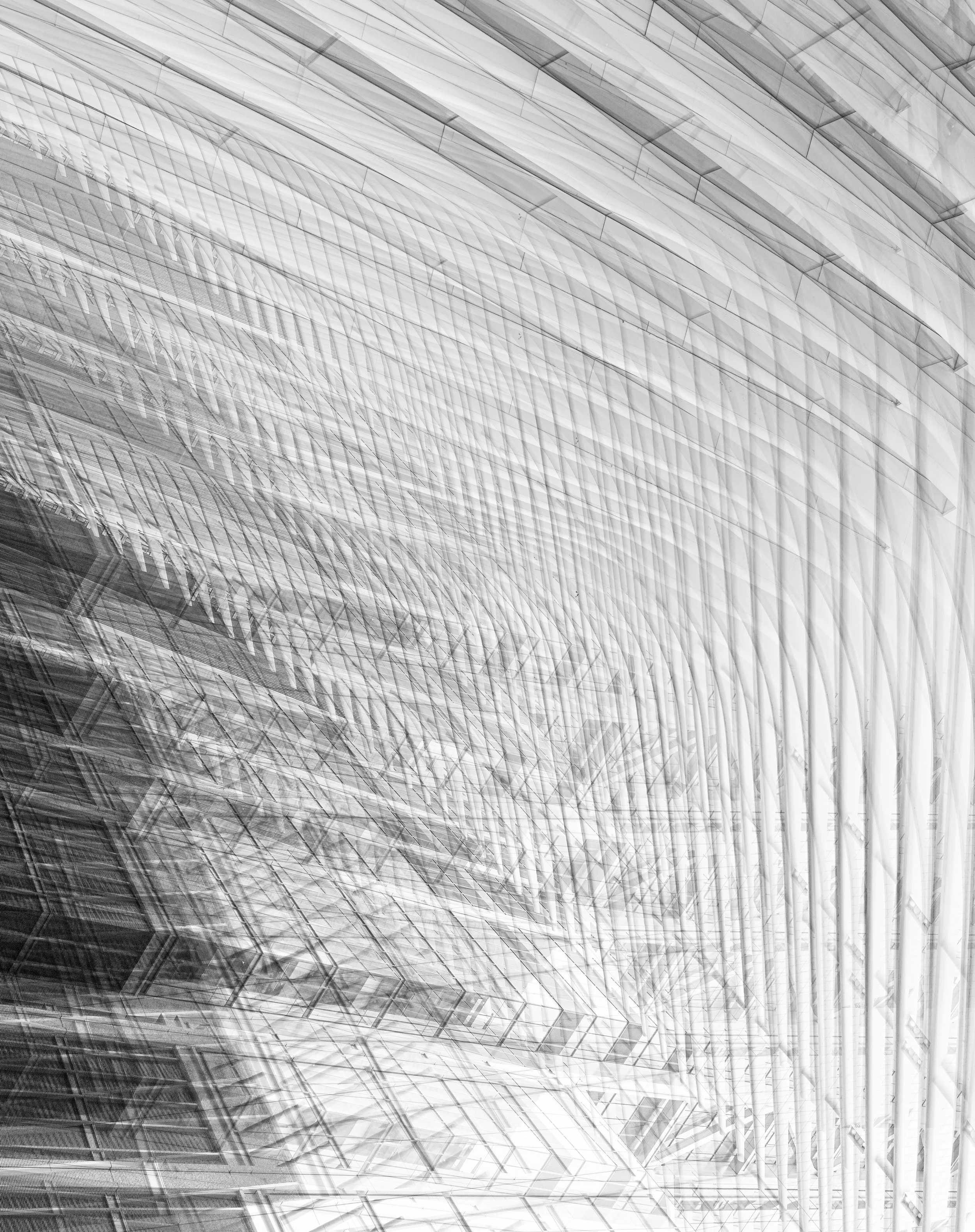 Abstract black-and-white geometric architectural pattern with overlapping translucent lines and angular shapes