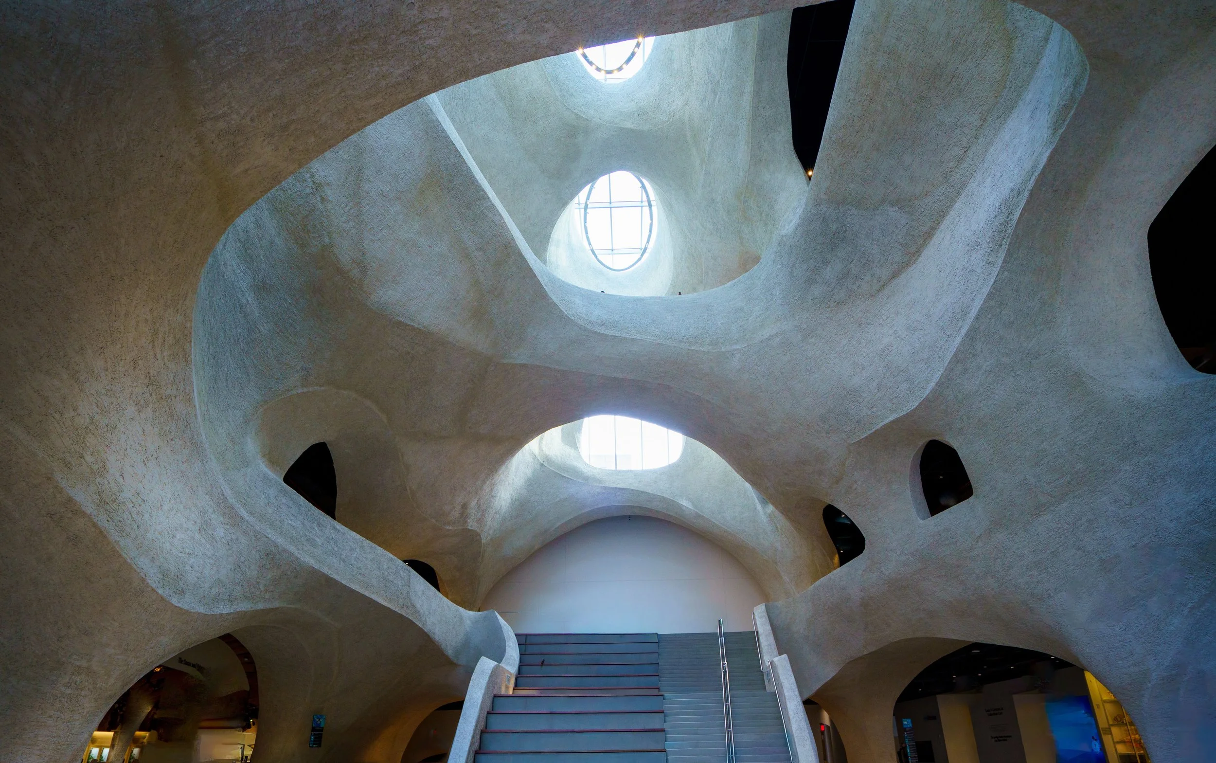 Interior of a modern museum with sculptural concrete arches, skylights, and a central staircase