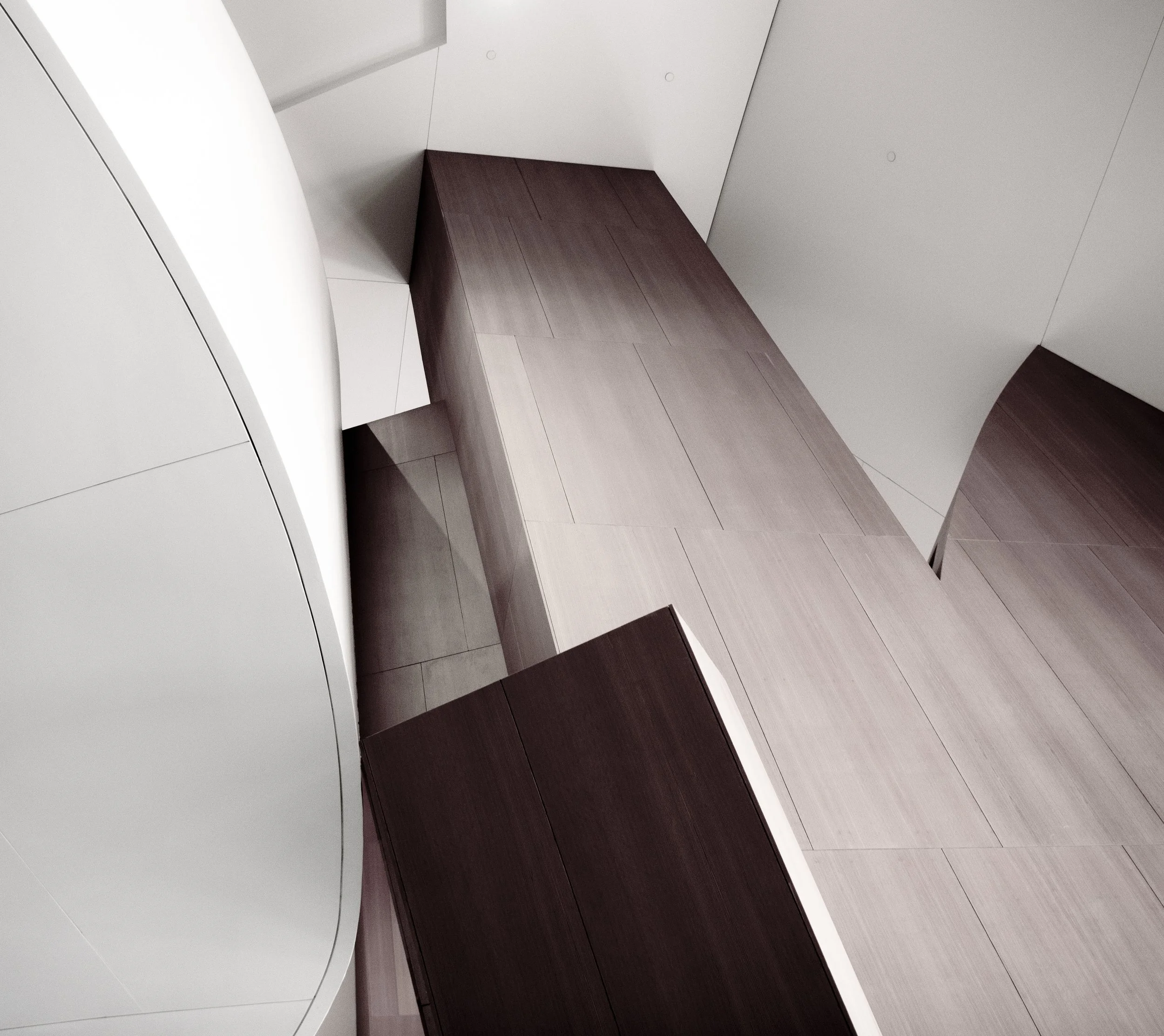 Modern interior with contrasting dark wood and light wood flooring separated by curved white walls