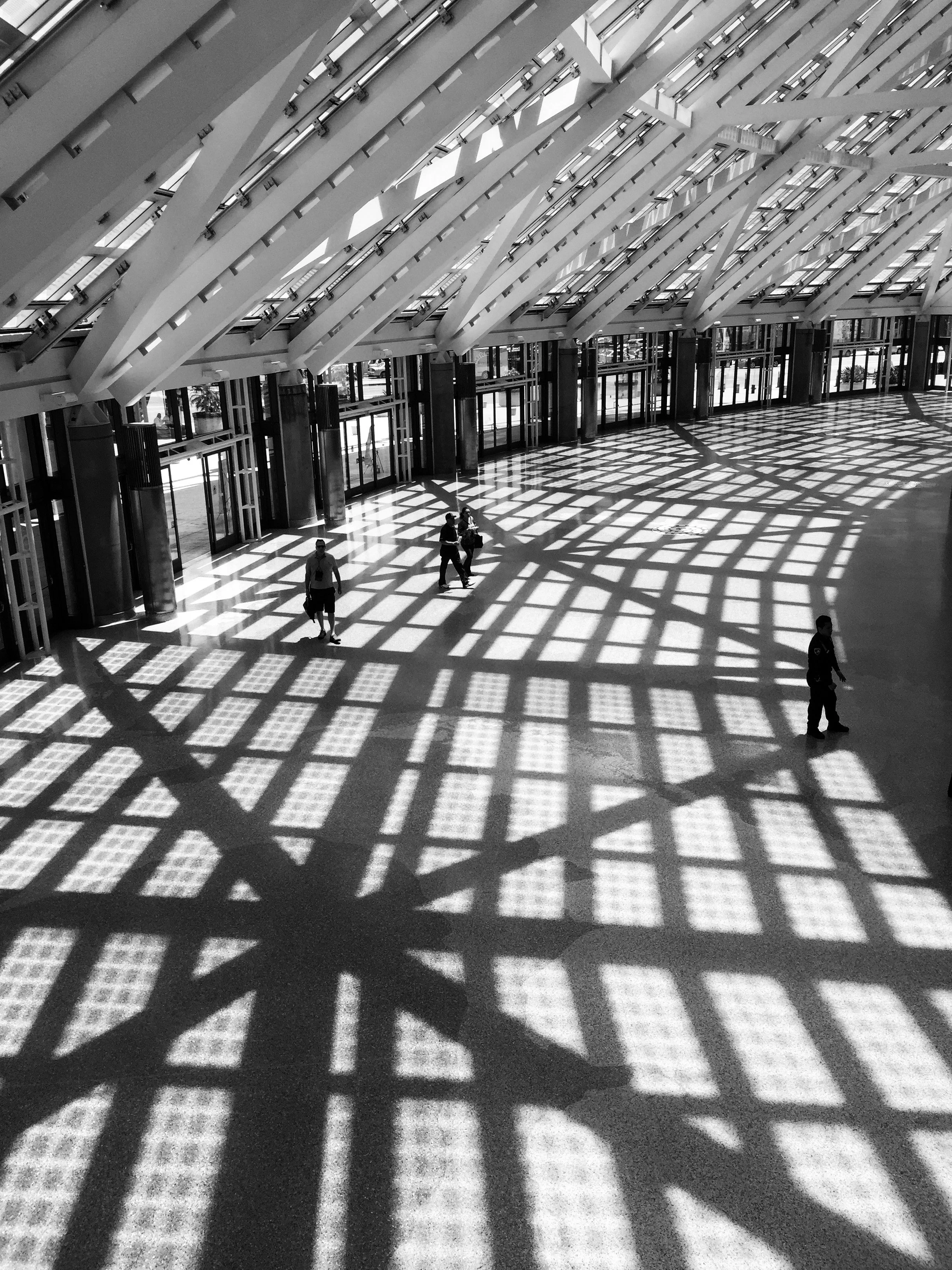 Black-and-white view of a modern building atrium with dramatic geometric beams, skylights, glass doors, and patterned sunlight across the floor
