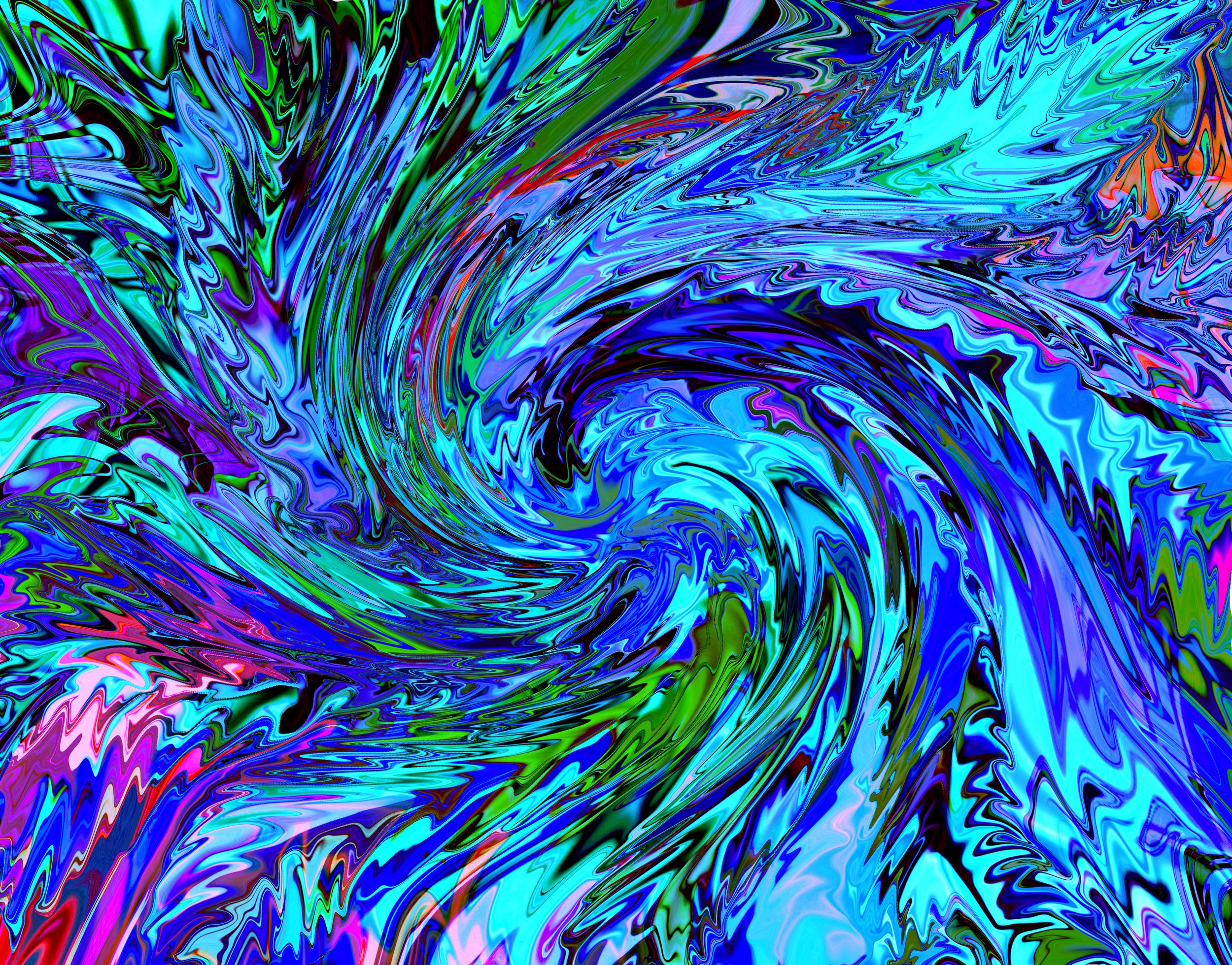 Vibrant abstract psychedelic pattern with swirling neon blue, turquoise, green, purple, pink, and black shapes.