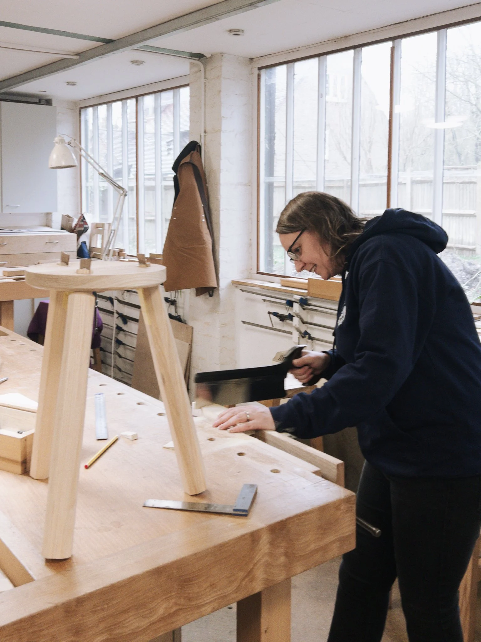Louise three legged stool woodworking in kent women.JPG
