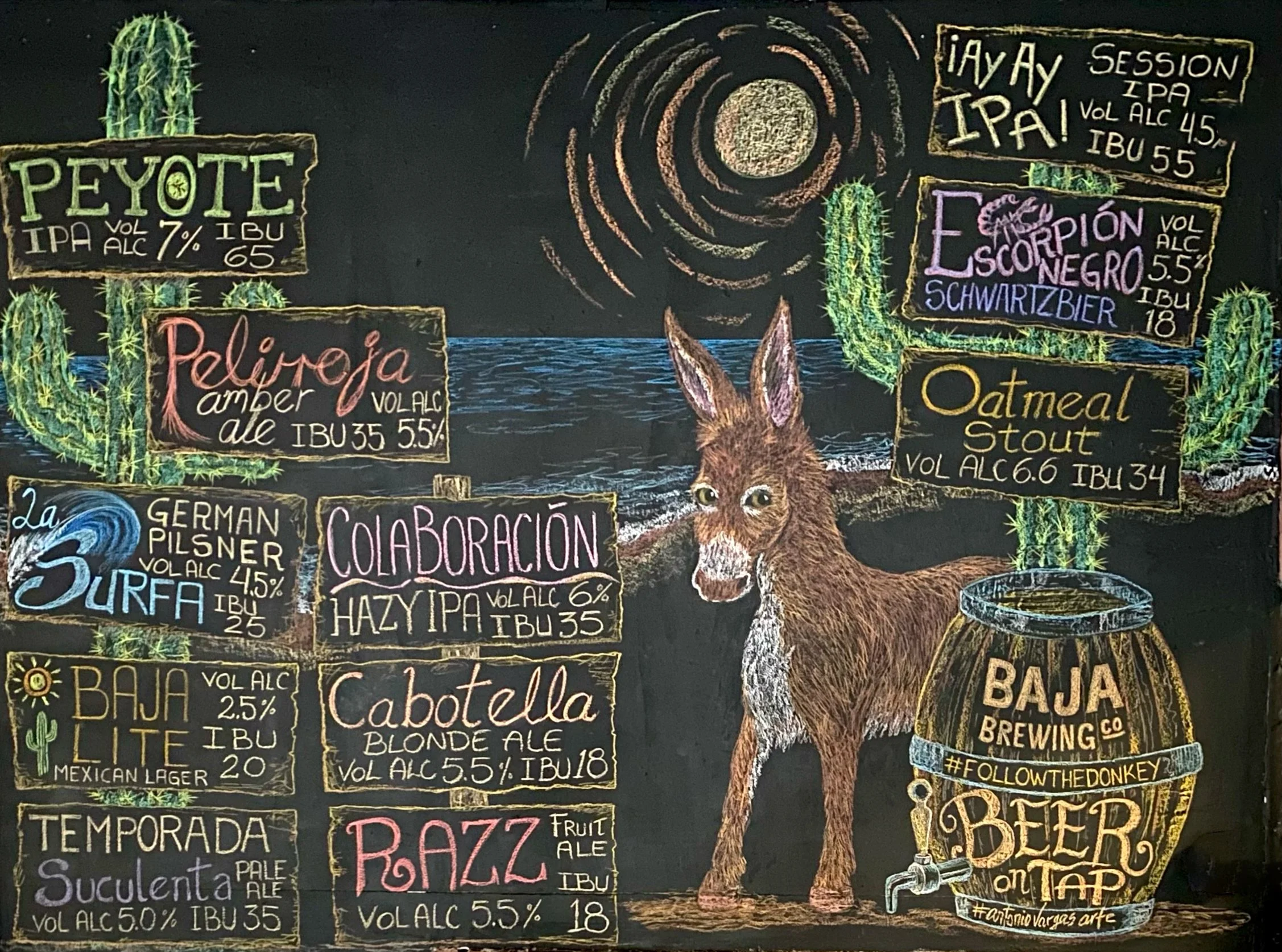 Baja Brewing Chalk Beverages Menu Mural in San Jose del Cabo. Menú de Bebidas para Baja Brewing San José, Los Cabos, Baja California Sur, Cabo, México.