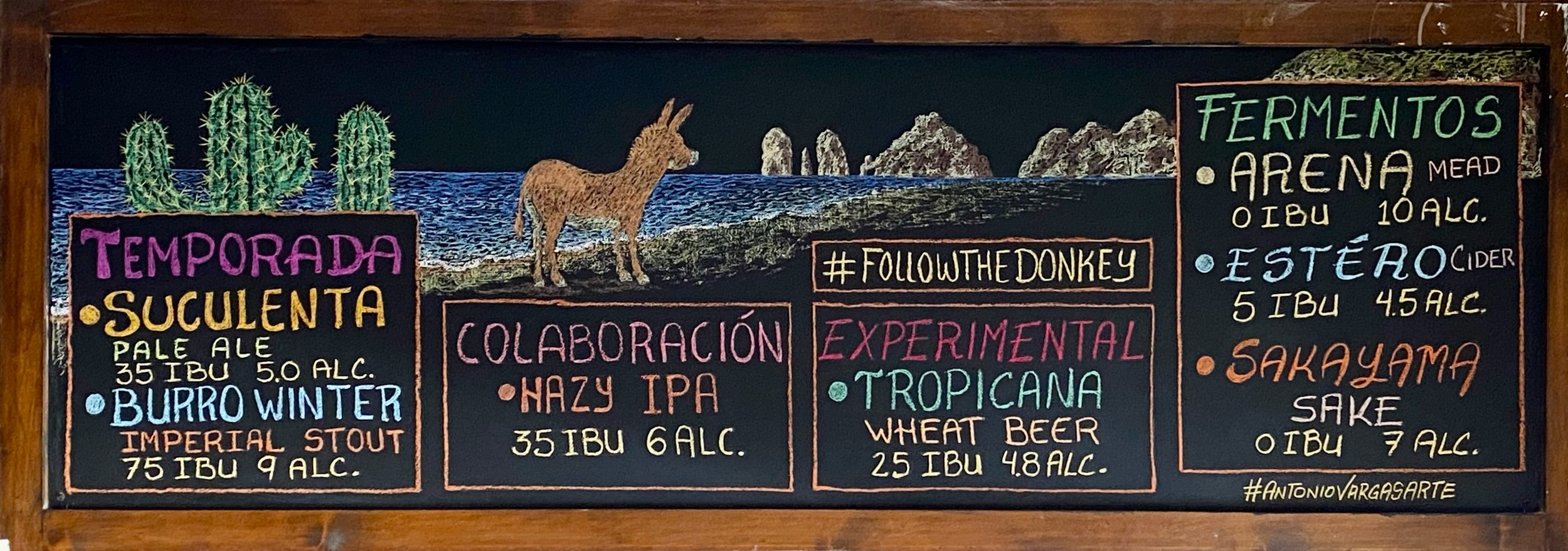 Baja Brewing Chalk Beverages Menu Mural in San Jose del Cabo. Menú de Bebidas para Baja Brewing San José, Los Cabos, Baja California Sur, Cabo, México.