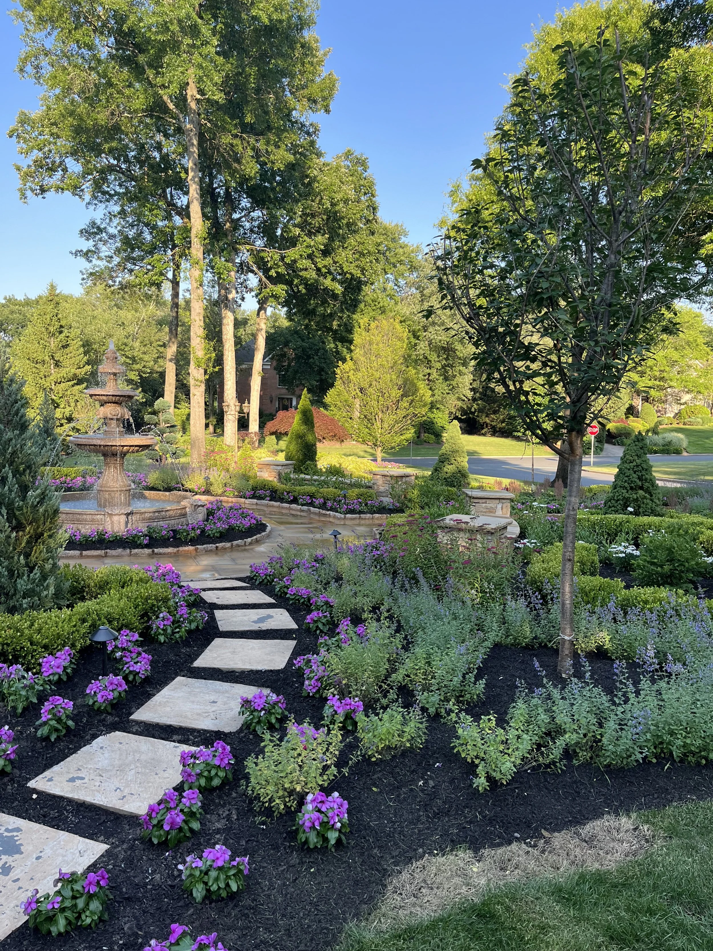 A landscaped garden with a stone pathway, purple flowers, bushes, trees, a fountain, and a house in the background on a clear day. in mahwah nj
