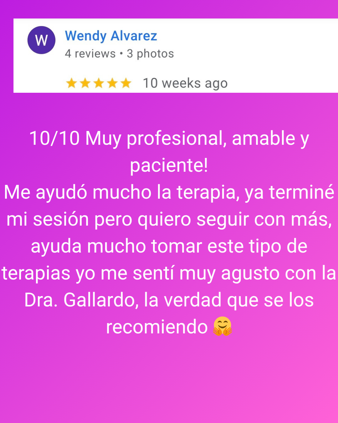  five-star review by Wendy Alvarez in Spanish, praising her therapy experience and recommending it.
