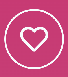 White heart icon inside a white circle on a pink background