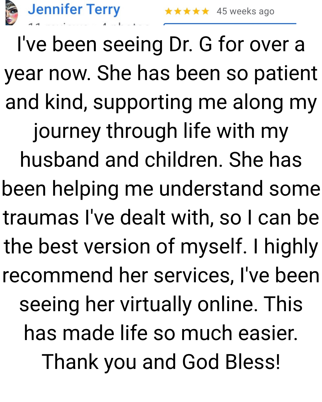 a review for Jennifer Terry with a five-star rating