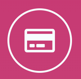 Icon of a credit card inside a white circle on a magenta background.