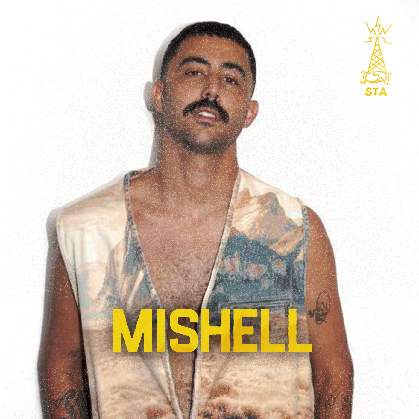 A man (dj)  with a mustache and tattoos on his arms, wearing a sleeveless, patterned vest, with the name 'MISHELL' in yellow text in front of him. A logo of a radio tower emitting signals is in the upper right corner.