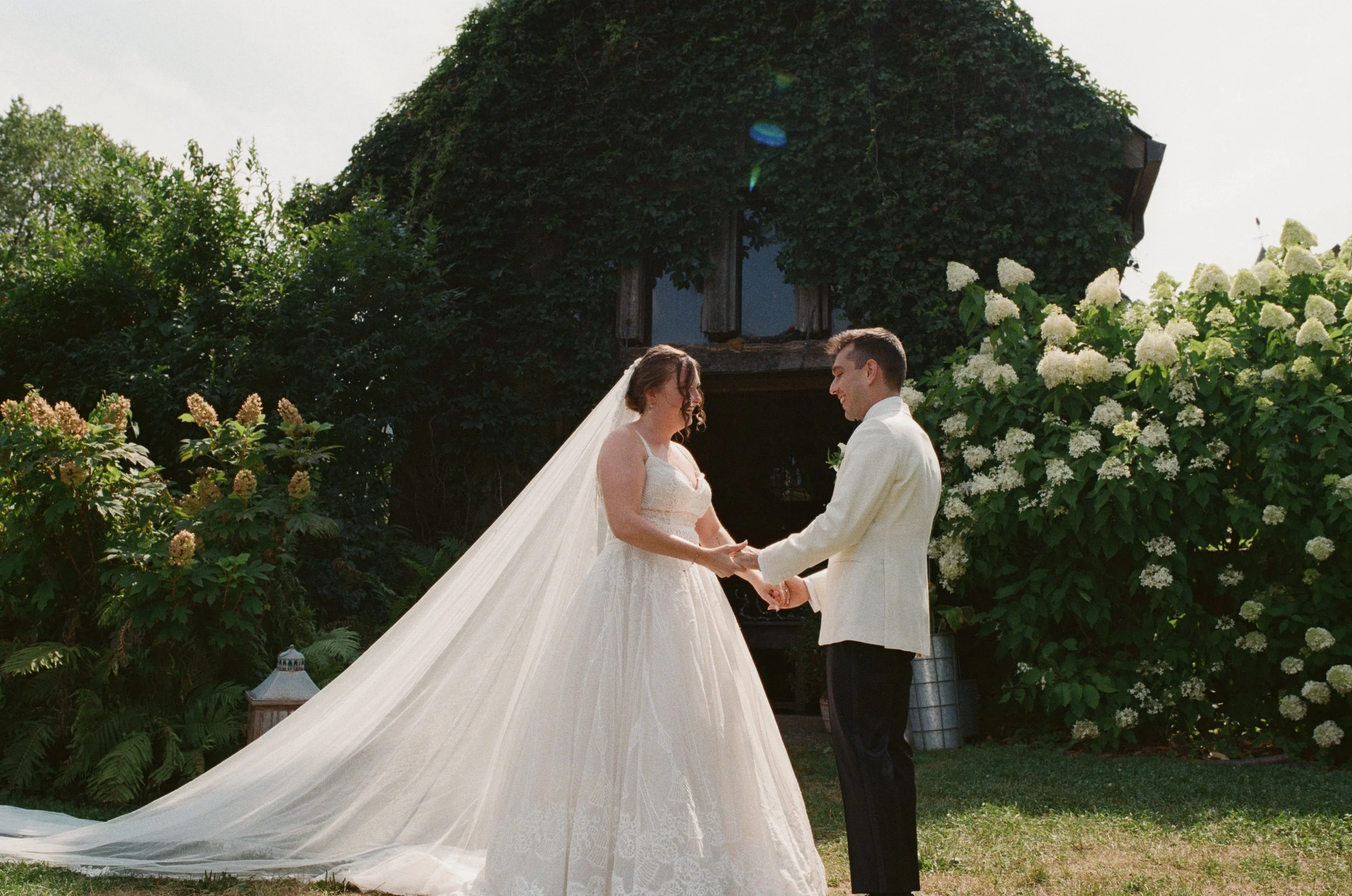 Bride and groom first look at Blue Hill at Stone Barns