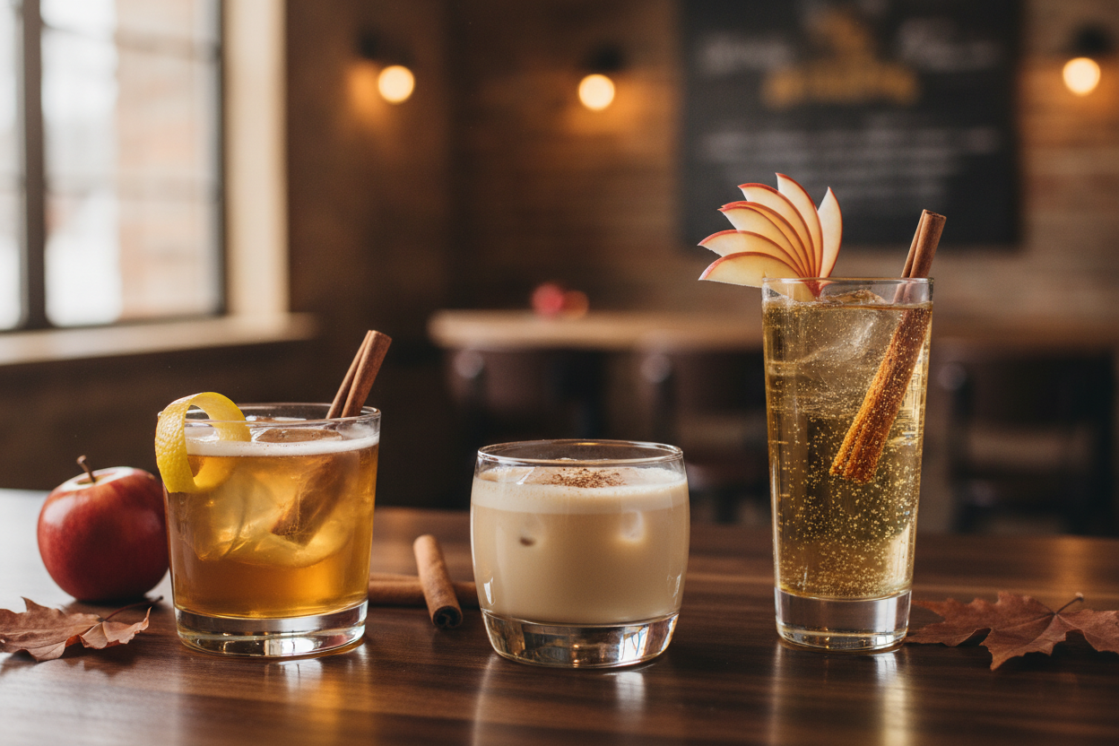 Three fall sake cocktails: Apple Cider Sake Sour, Horchata Nigori Spice Cup and Sparkling Cider Sake Highball.